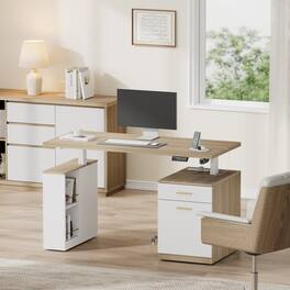 ModernMate - 53" Electric Executive Desk with Drawers & File Cabinet, Built-in Charging Station - Light Walnut