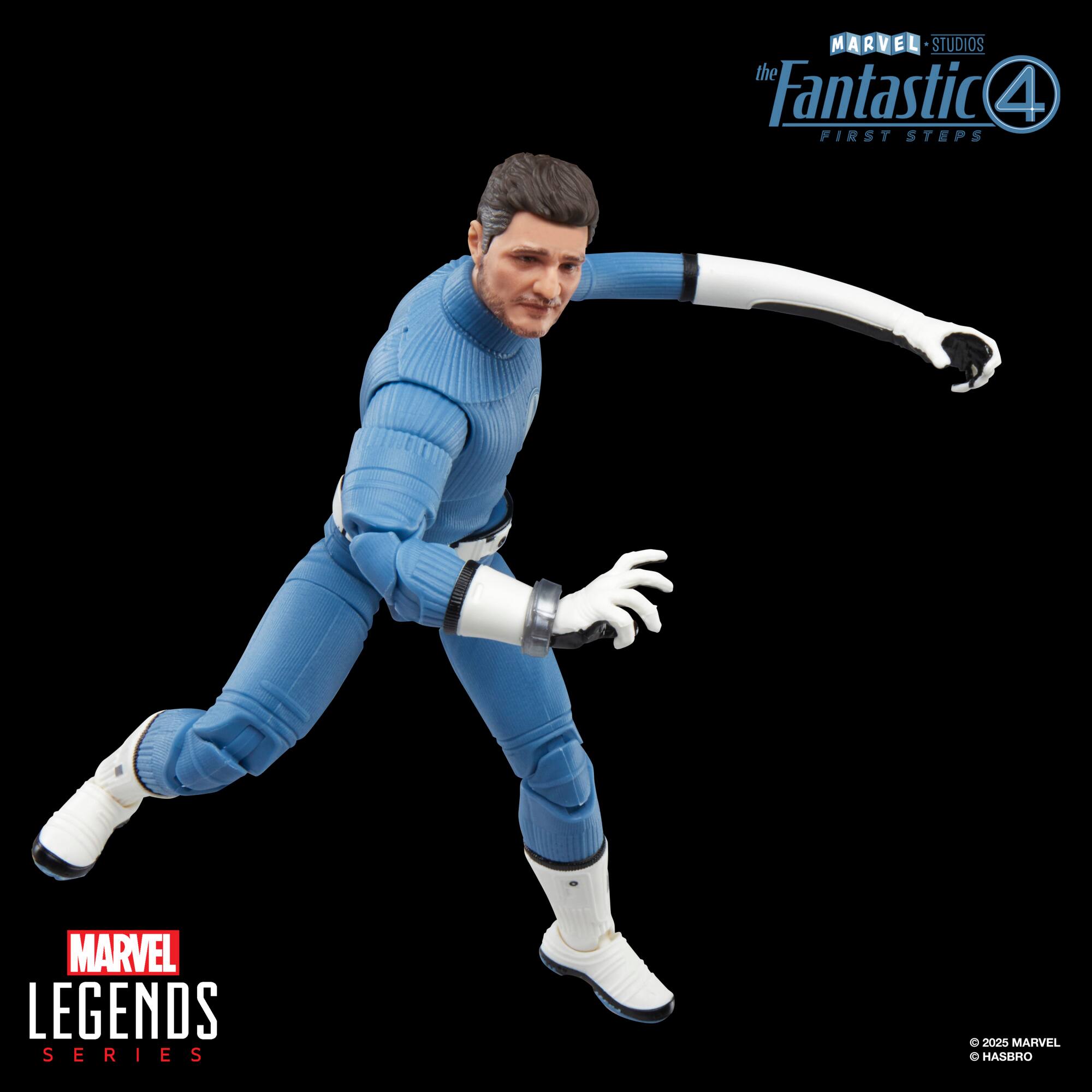 The Fantastic Four is a Marvel Comics superhero team, and the First Steps series is a line of action figures from Hasbro. The image features a figure of the character Mr. Fantastic, who is a member of the Fantastic Four. The figure is part of the Marvel Legends series, which is a line of collectible action figures from Hasbro.