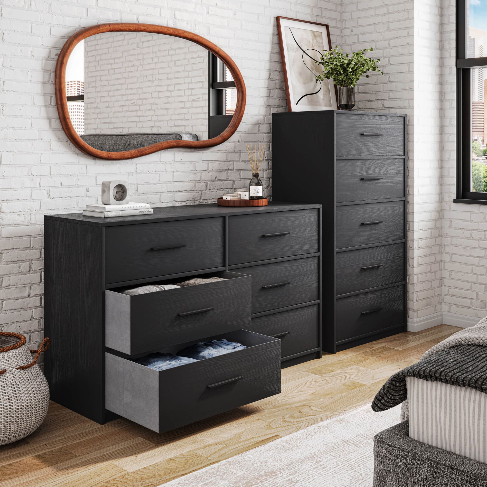GOODSILO - Modern 5-Drawer Fabric Dresser with Wooden Top for Bedroom, Living Room, or Office Storage - Black