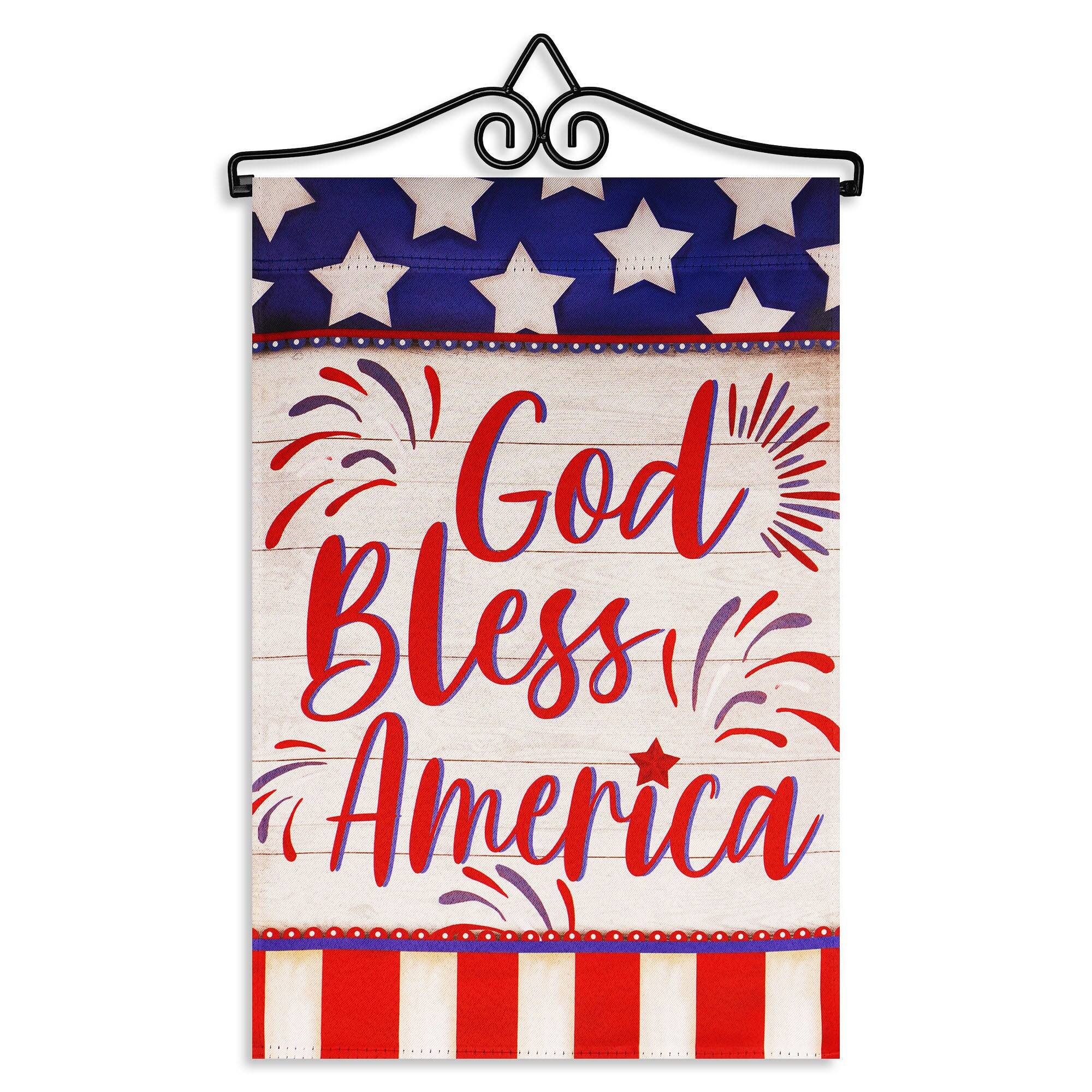 G128 - Combo Pack: 14in Garden Flag Hanger with 12x18in Double-Sided Blockout Garden Flag God Bless America - Red, White, Blue