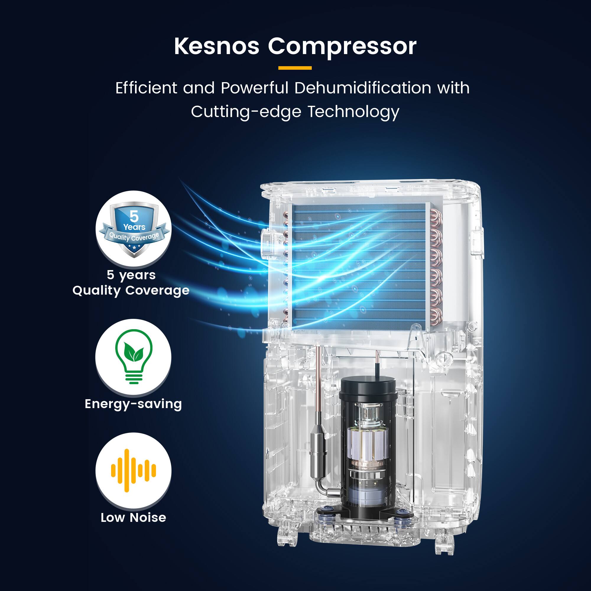 Kesnos Compressor  
Efficient and Powerful Dehumidification with Cutting-edge Technology  
5 Years Quality Coverage  
Energy-saving  
Low Noise