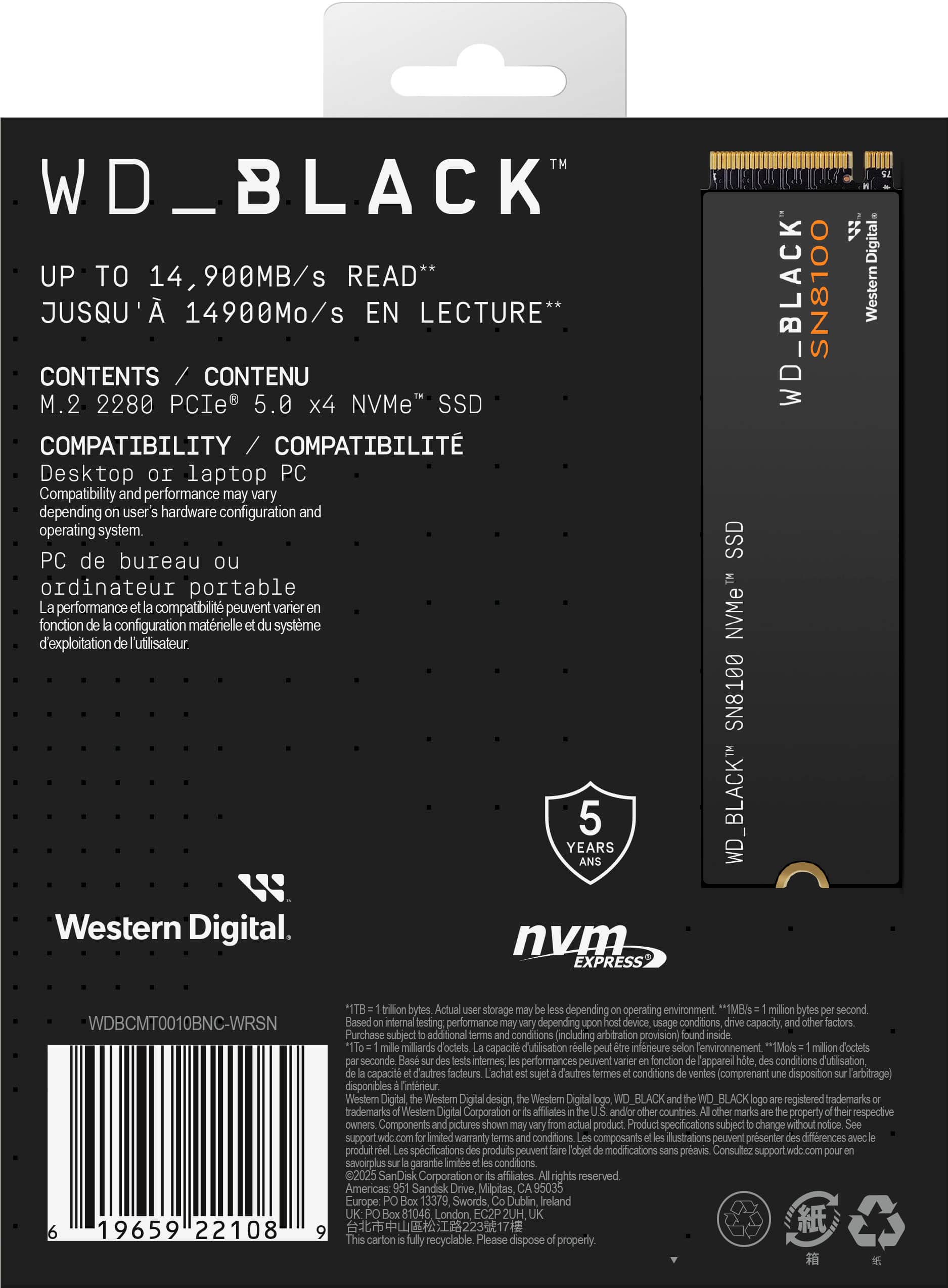 WD BLACK SN8100 1TB Non Heatsink Internal SSD Gen 5x4 NVMe