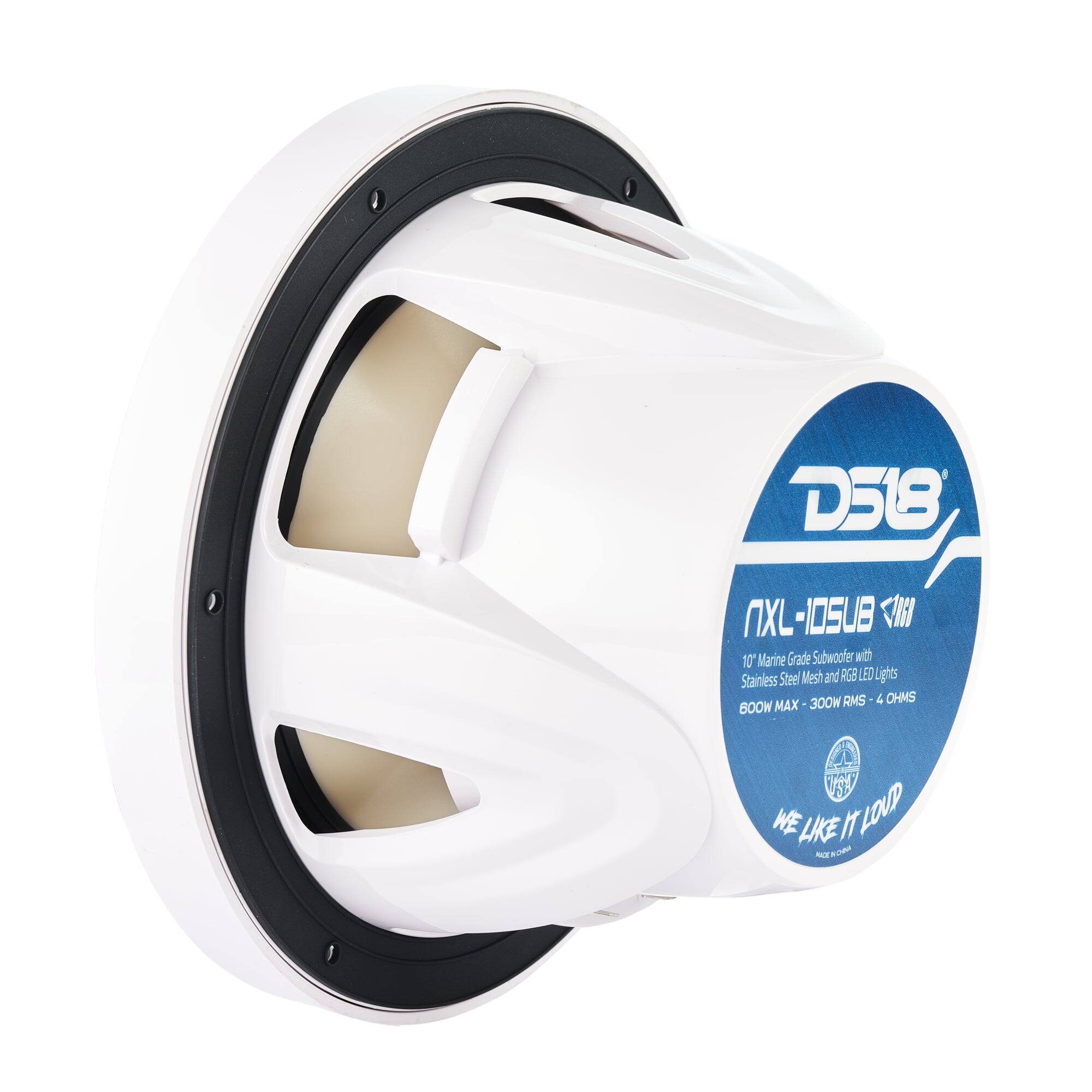 D518  
1-15 10" Marine Grade Subwoofer with Stainless Steel Mesh and RGB LED Lights  
300W RMS - 4 OHMS - 600W MAX  
WE LIKE IT LOUD