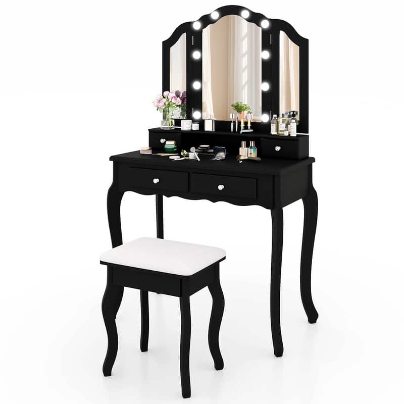 WELLFOR - Classic Makeup Vanity Table Set with Hollywood Lighted Mirror, 4 Drawers and Padded Stool for Bedroom Dressing Room - Black