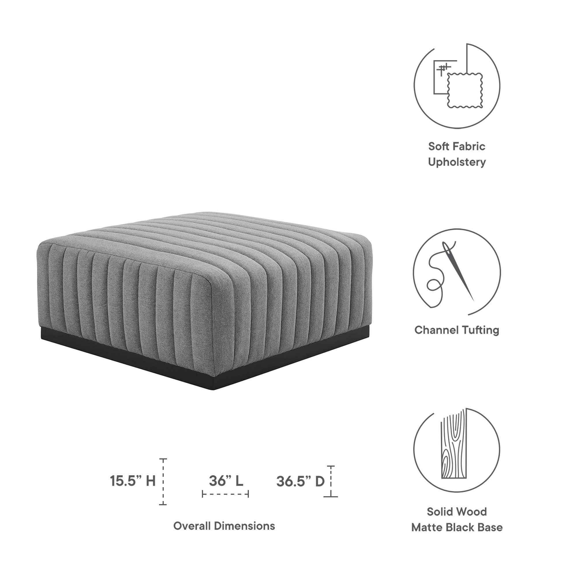Soft Fabric Upholstery  
Channel Tufting  
15.5" H x 36" L x 36.5" D Overall Dimensions  
Solid Wood Matte Black Base