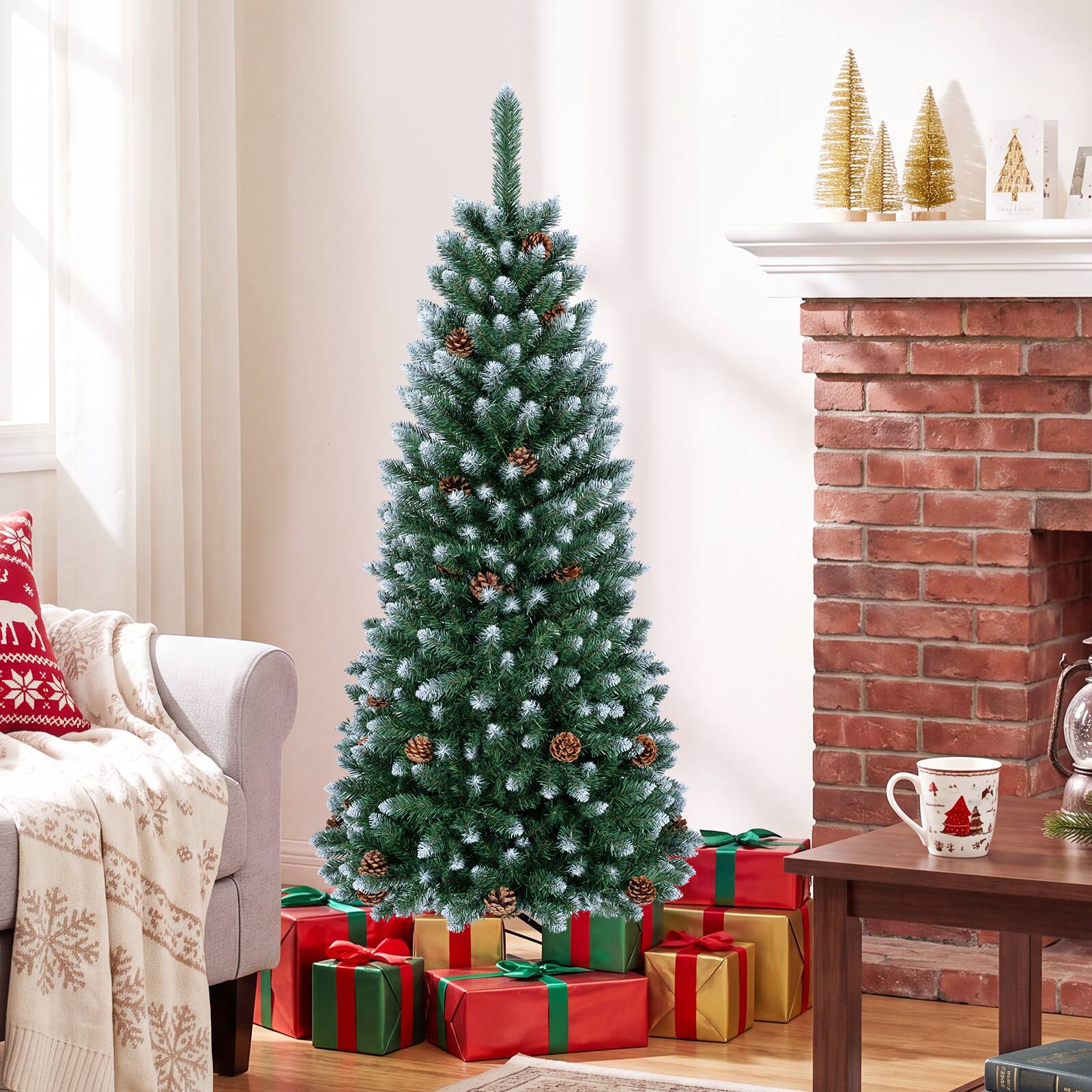 Alt View 3. Costway - Costway 5 ft Frosted Pencil Christmas Tree Hinged with 21 Pine Cones - Green.