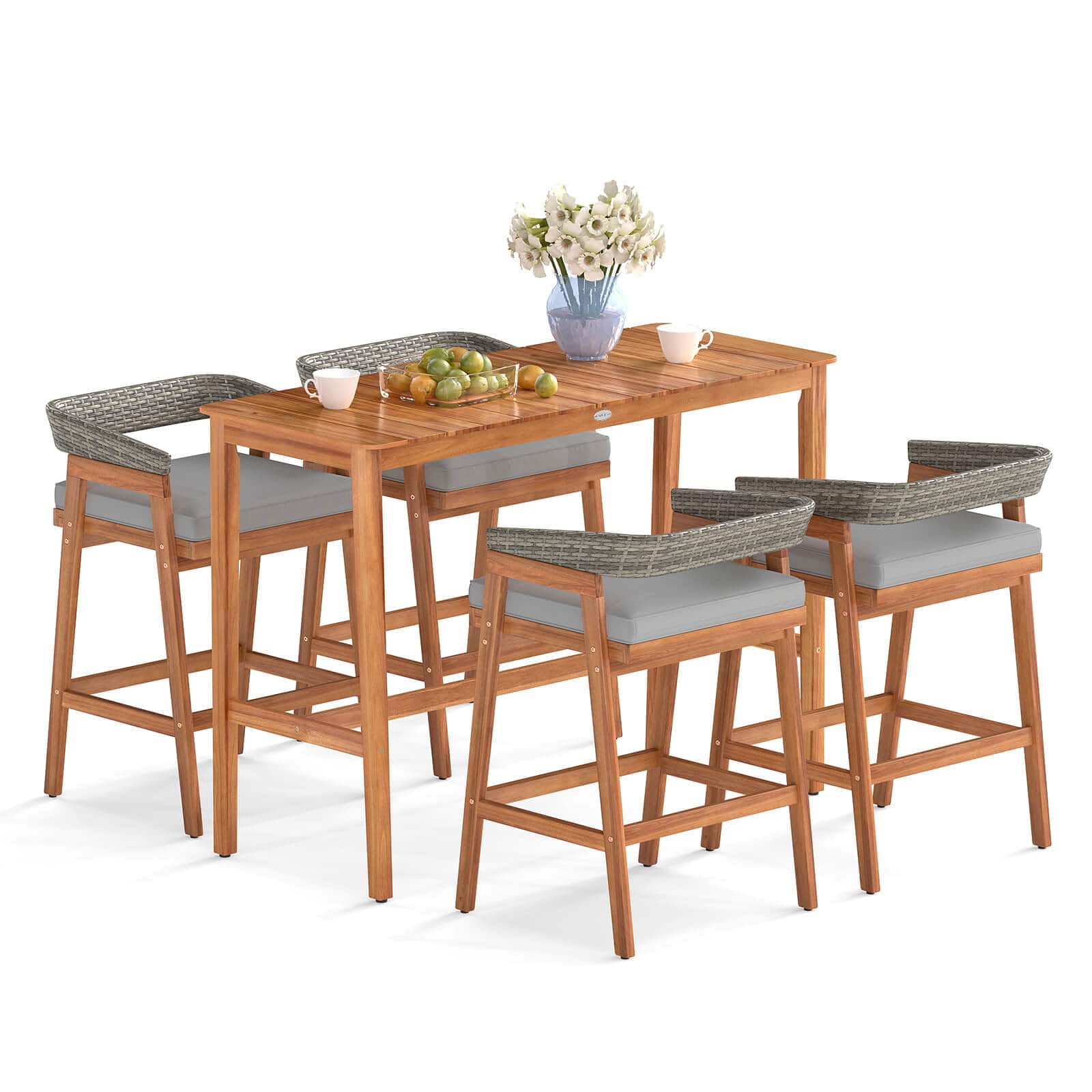 Costway - 5 PCS Patio Counter Height Bar Set with 4 Cushioned Barstools Curved Rattan Back - Gray