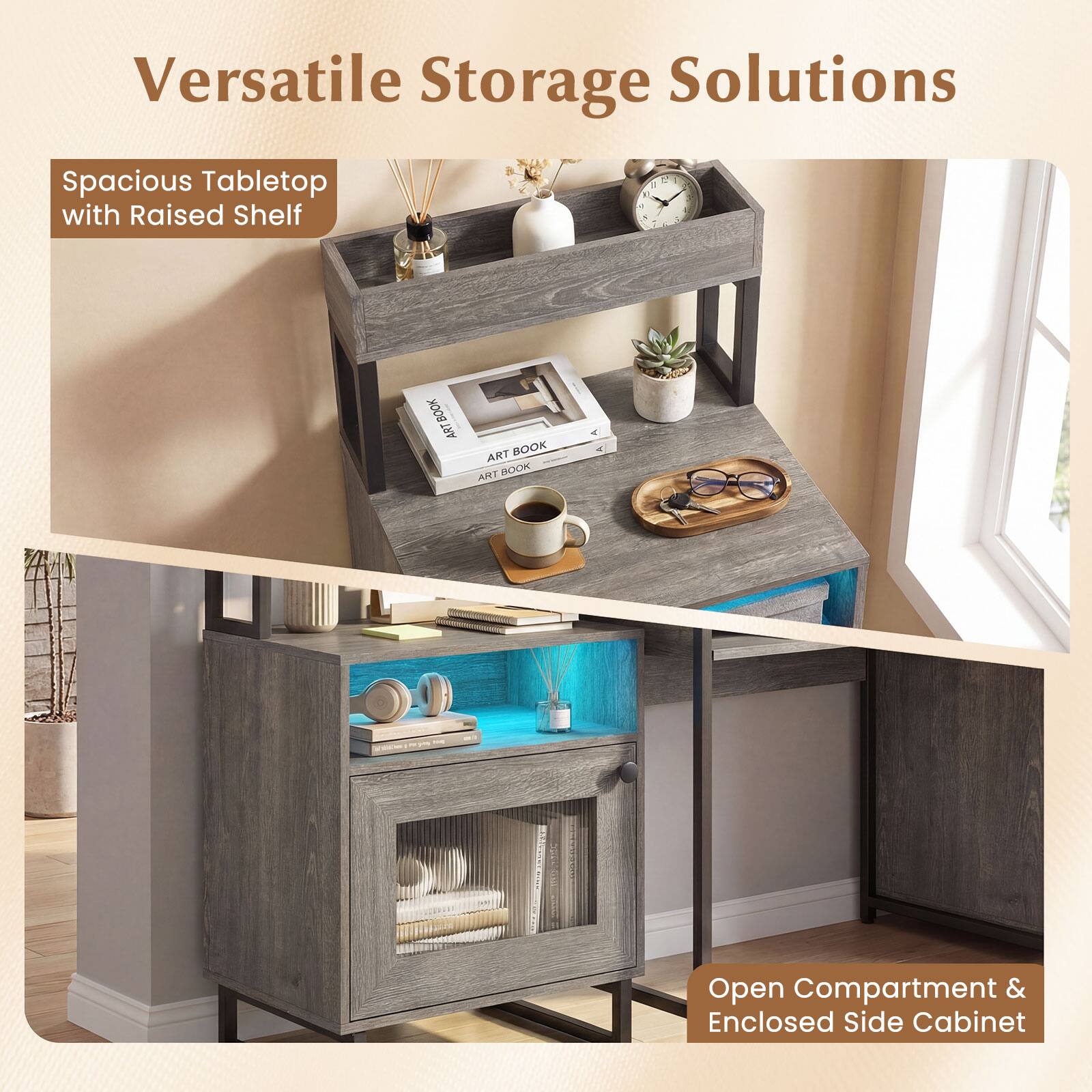Versatile Storage Solutions

Spacious Tabletop with Raised Shelf

Open Compartment & Enclosed Side Cabinet