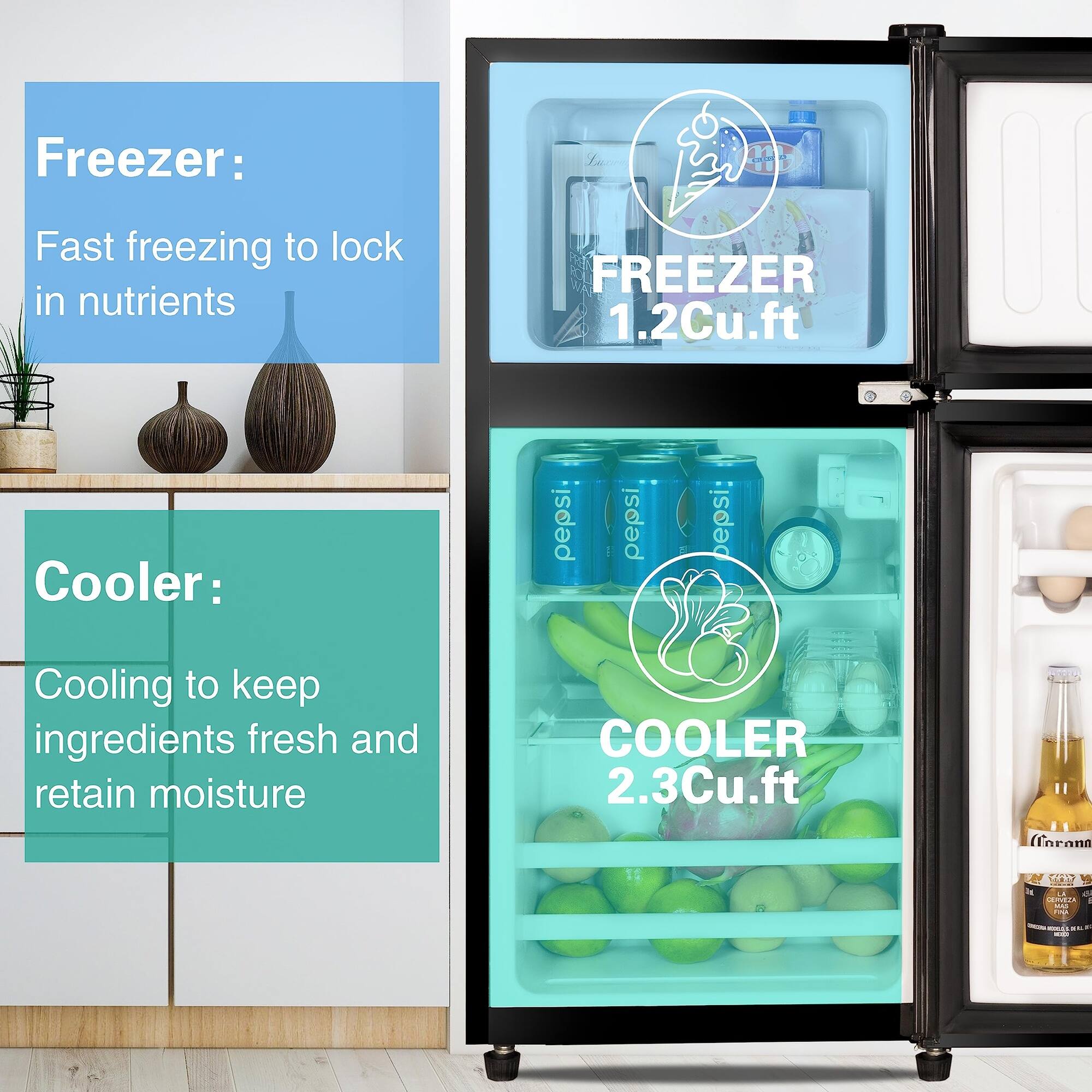 Freezer:  
Fast freezing to lock in nutrients  
FREEZER 1.2Cu.ft  

Cooler:  
Cooling to keep ingredients fresh and retain moisture  
COOLER 2.3Cu.ft