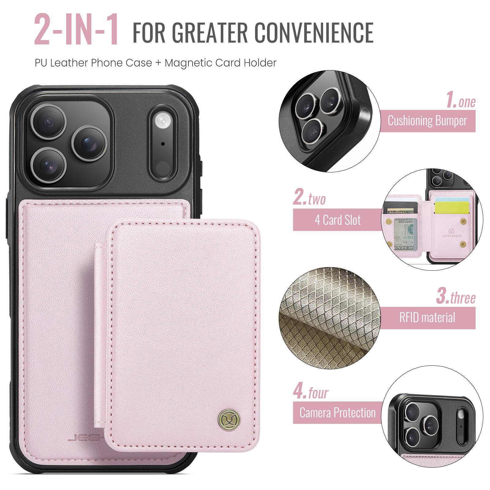 2-IN-1 FOR GREATER CONVENIENCE  
PU Leather Phone Case + Magnetic Card Holder  

1. one  
Cushioning Bumper  

2. two  
4 Card Slot  

3. three  
RFID material  

4. four  
Camera Protection