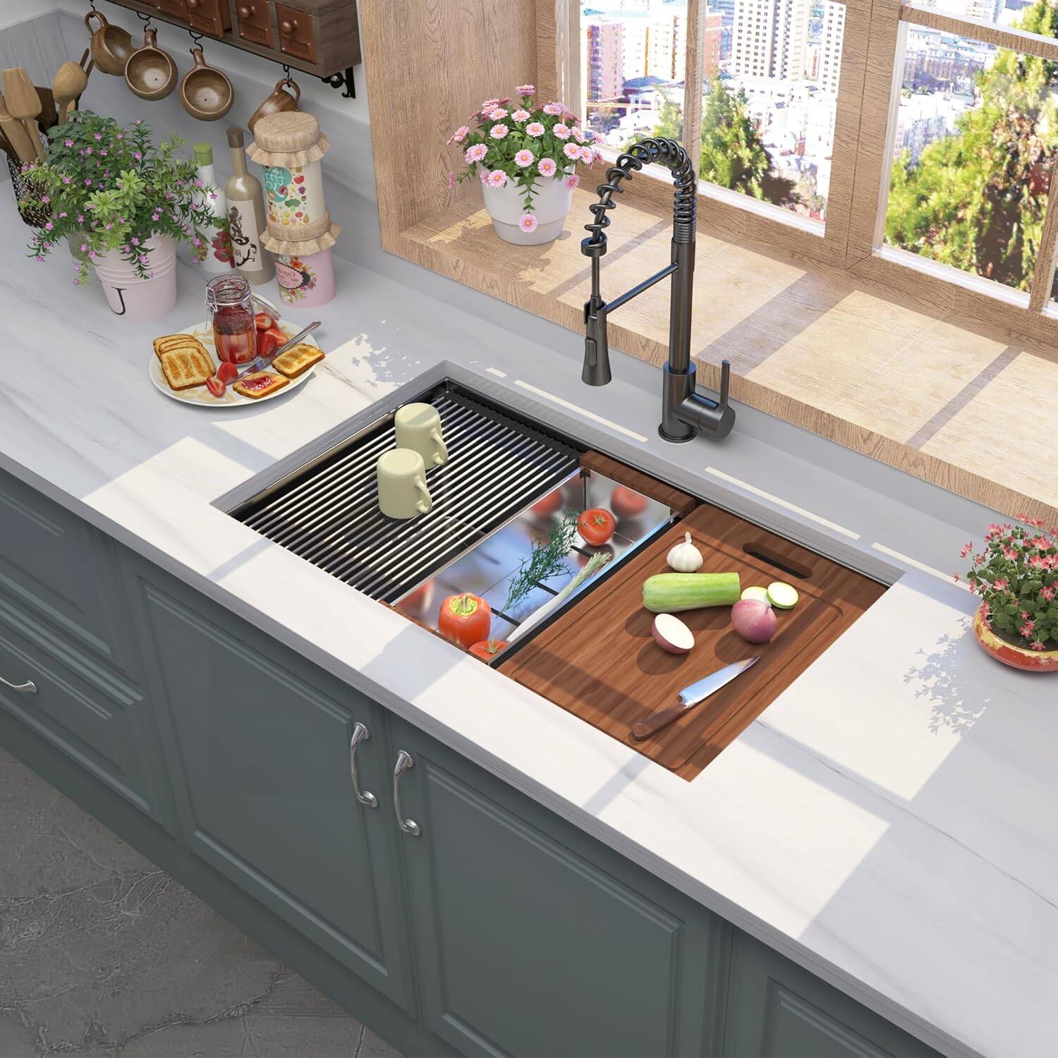 Angle. APRILSOUL - 32 Gunmetal Black Undermount Workstation Kitchen Sink Handmade 10 Inch Deep With Accessories - Black.