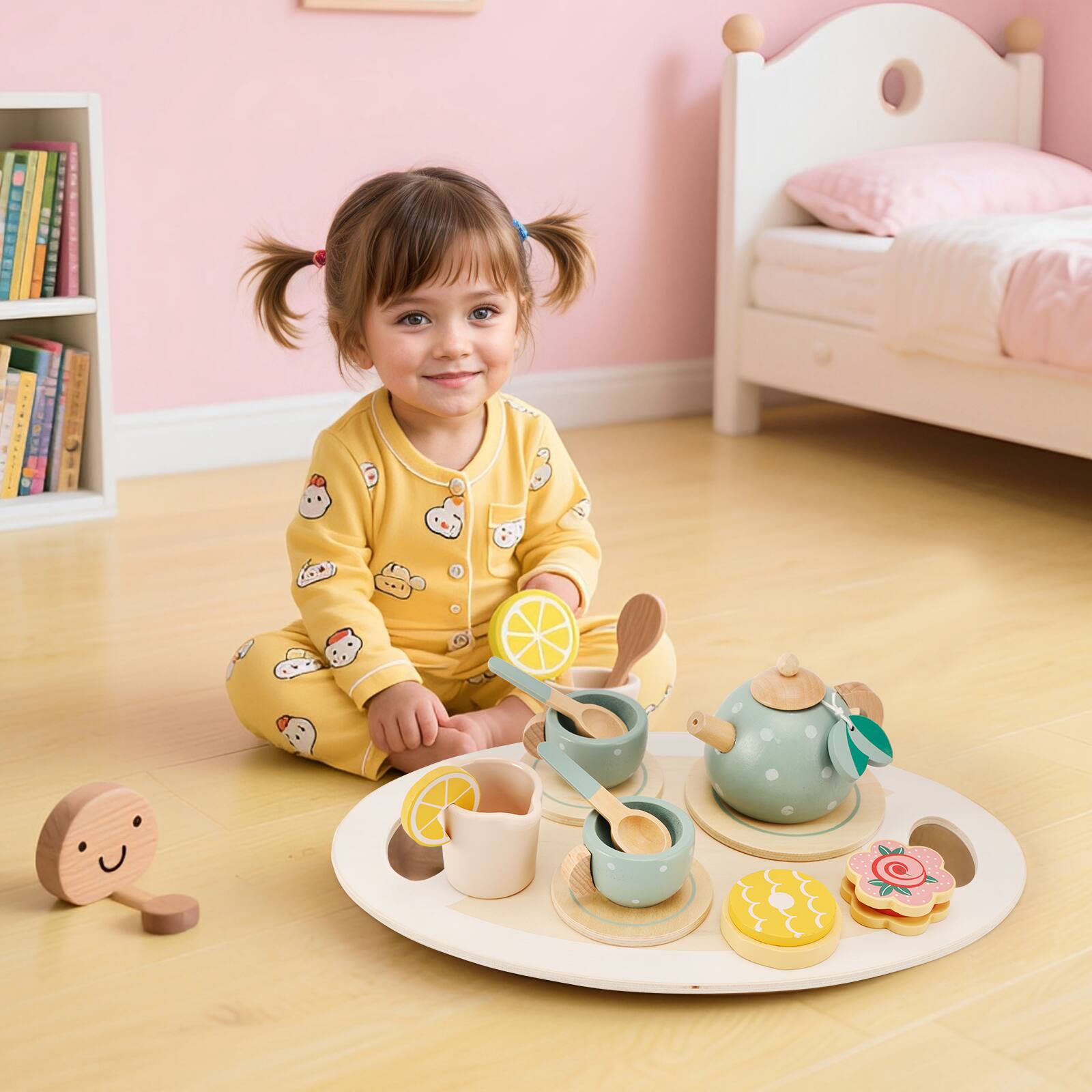 Alt View 2. Topteng - 15-Piece Wooden Tea Set for Kids - Pretend Play Tea Party with Tray, Teapot & Play Food, Toy for Kid.
