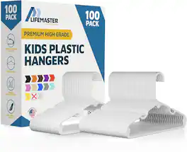 Lifemaster - Kids Clothes Hangers – 100-Pack, 11.6" Plastic Hangers with Shoulder Notch, Space-Saving, Holds 5 lbs - White