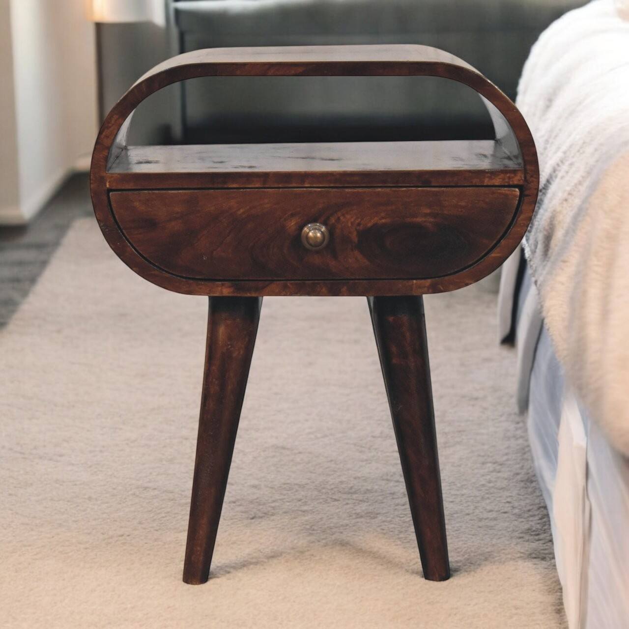 Alt View 6. Artisan Furniture - Artisan Furniture Solid Wood California Walnut Circular Bedside with 1 Drawer, 1 Open Slot, Nordic Legs, Dark Brown - Walnut Finish.