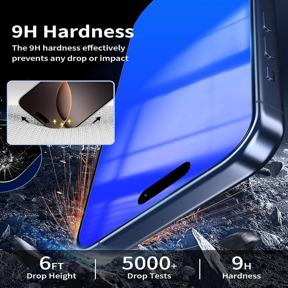 9H Hardness  
The 9H hardness effectively prevents any drop or impact  

6FT Drop Height  
5000+ Drop Tests  
9H Hardness