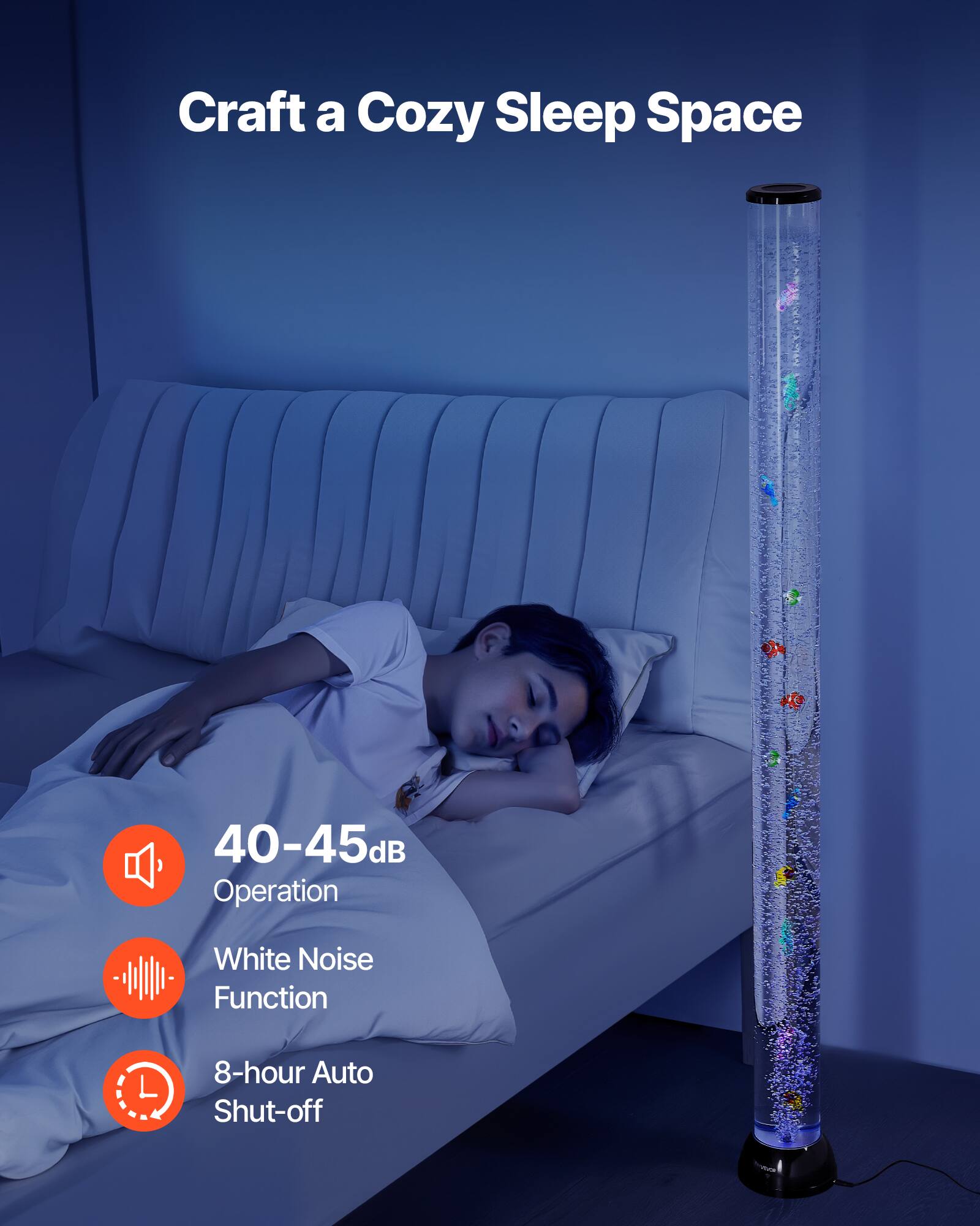 Craft a Cozy Sleep Space

40-45dB Operation

White Noise Function

8-hour Auto Shut-off