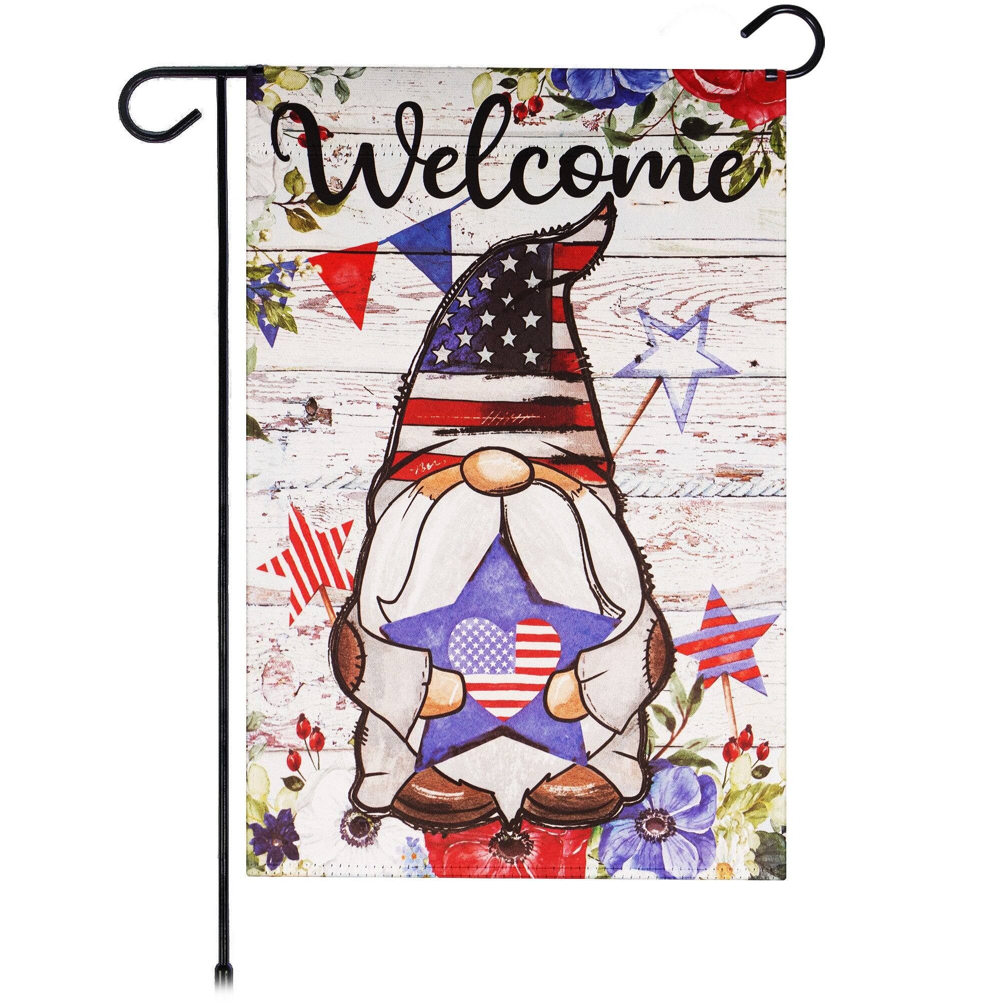 G128 - Garden Flag Welcome Patriotic Gnome with Star, 12 x 18 Inch Printed Blockout Polyester - Assorted Colors