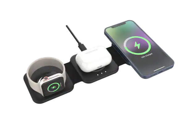 The image shows a cell phone, a charger, and a small device on a table. The cell phone is placed on the right side of the table, while the charger is located on the left side. The small device is positioned in the center of the table. The cell phone is 78% charged, as indicated by the battery icon on the screen.