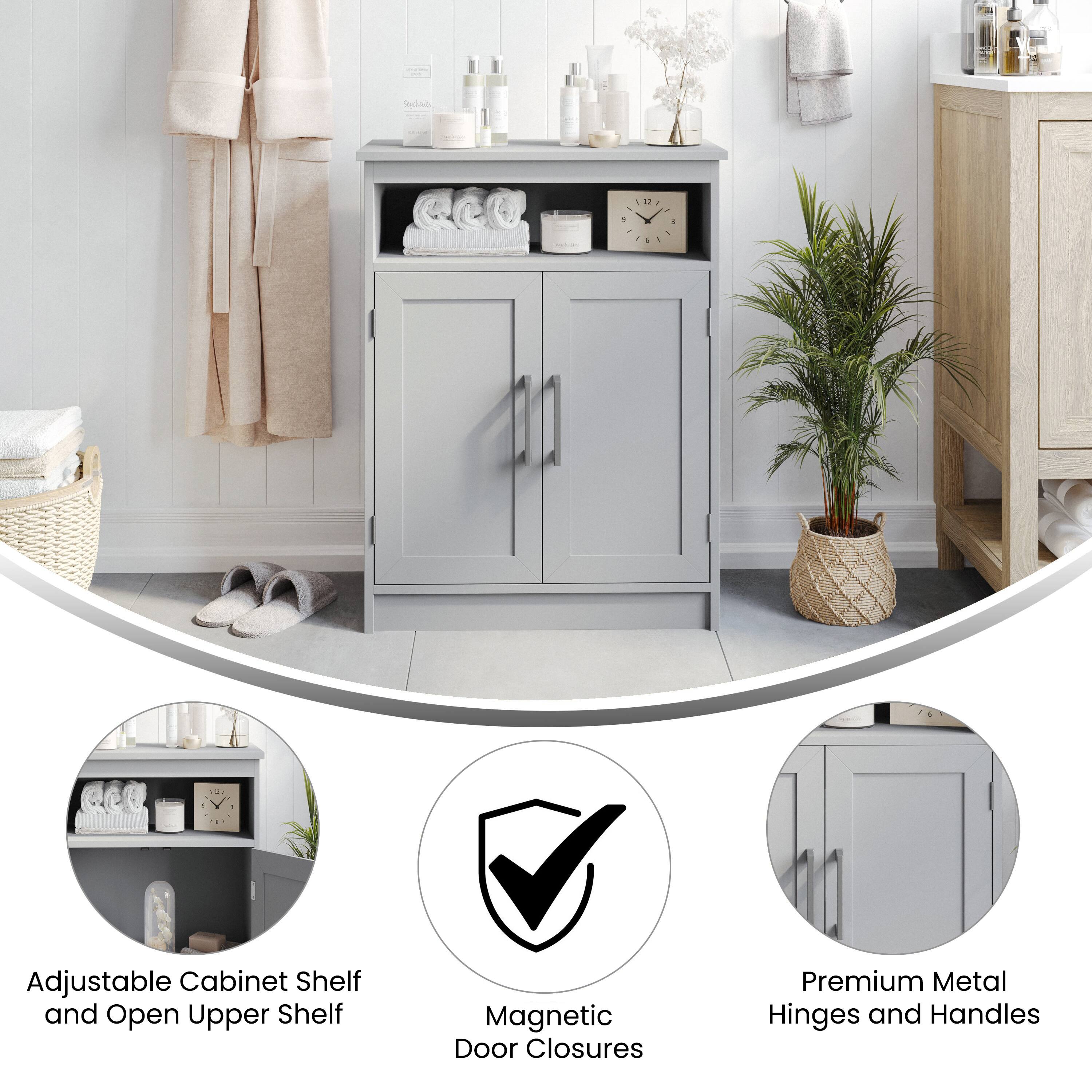 - Adjustable Cabinet Shelf and Open Upper Shelf
- Magnetic Door Closures
- Premium Metal Hinges and Handles