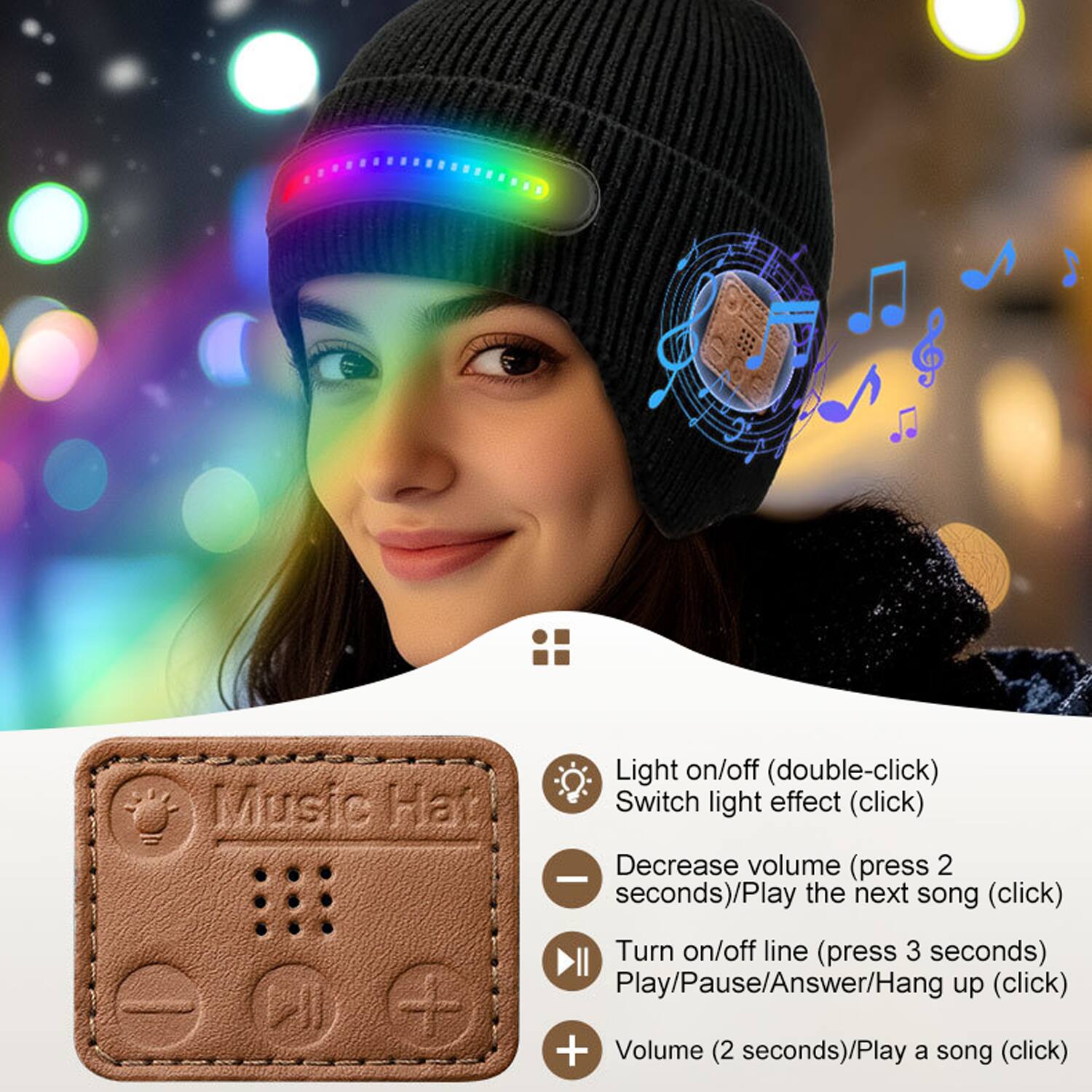 - Light on/off (double-click)
- Switch light effect (click)
- Decrease volume (press 2 seconds)/Play the next song (click)
- Turn on/off line (press 3 seconds)
- Play/Pause/Answer/Hang up (click)
- Volume (2 seconds)/Play a song (click)