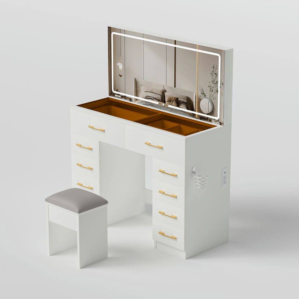 Alt View 10. Kadyn - 46-Inch Makeup Vanity with 10 Drawers, Mirror and Stool - White - White.