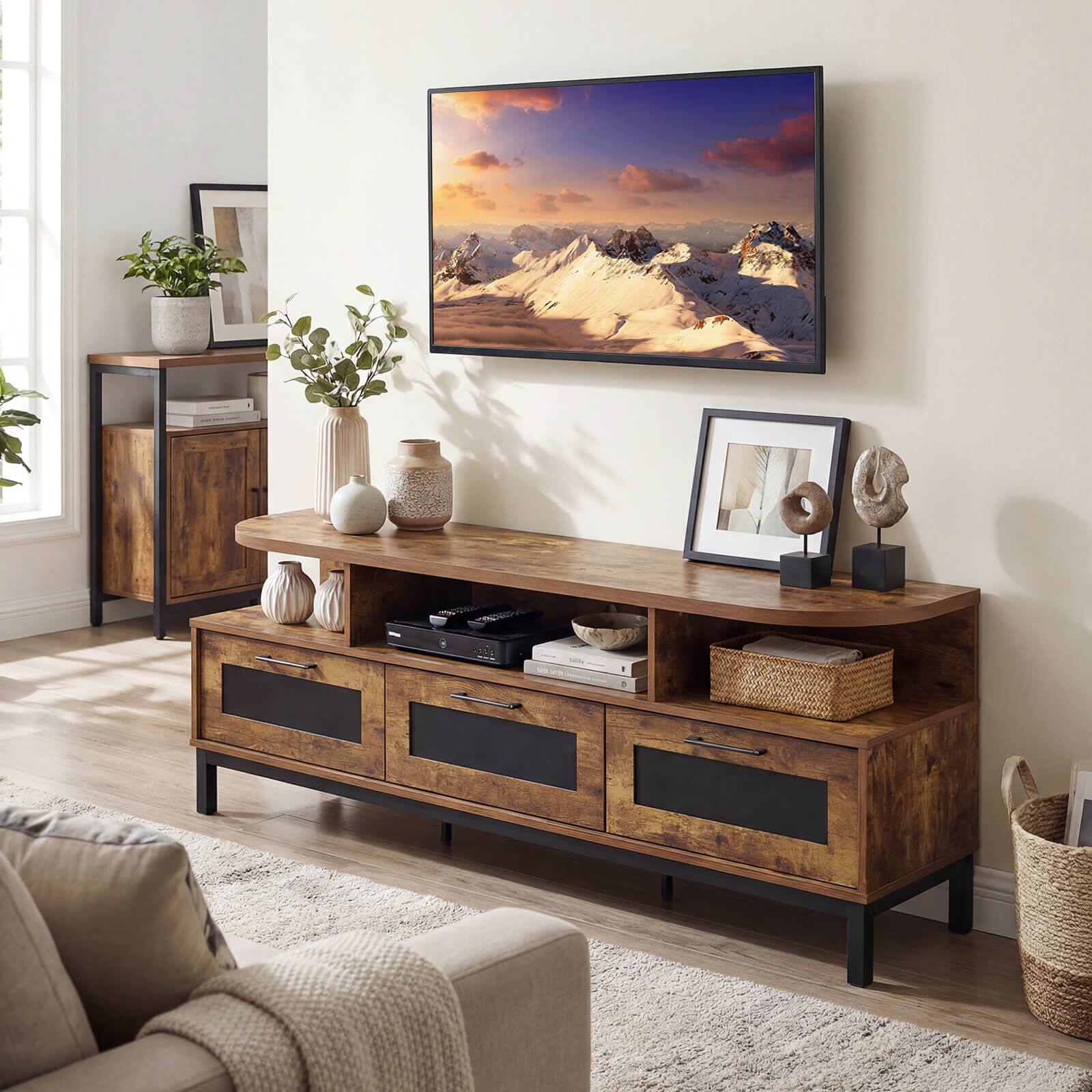 Alt View 3. Costway - Costway TV Stand for TVs up to 75" Entertainment Center with 3 Storage Drawers Open Shelves - Rustic Brown.
