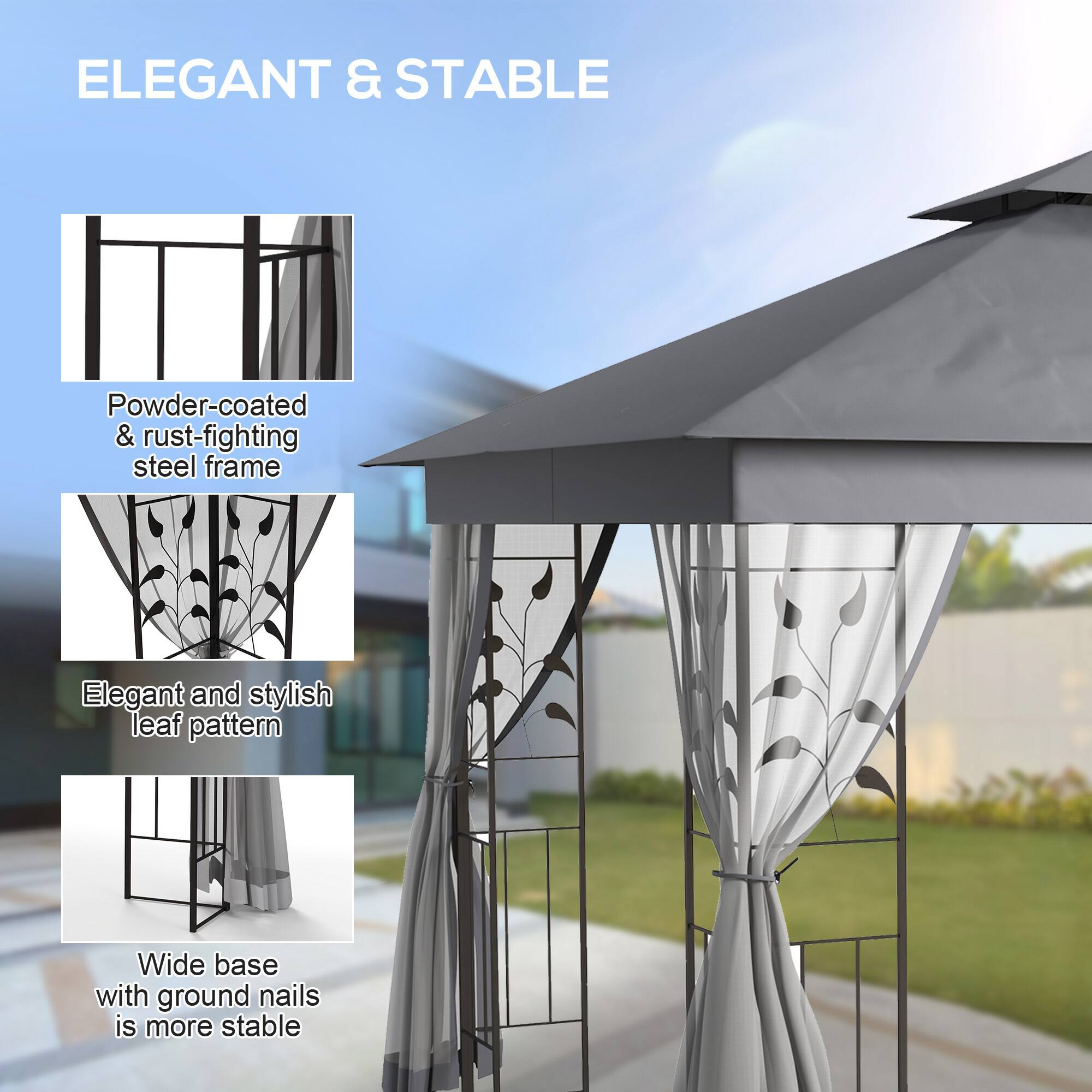 ELEGANT & STABLE

Powder-coated & rust-fighting steel frame

Elegant and stylish leaf pattern

Wide base with ground nails is more stable