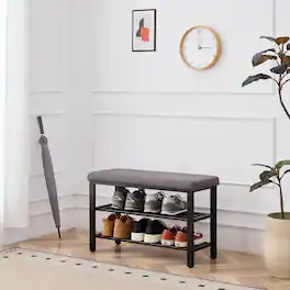 Ropilly - Modern Shoe Bench with Cushion Space Saving Entryway Storage Bench Metal Shoe Rack with Seat - Black