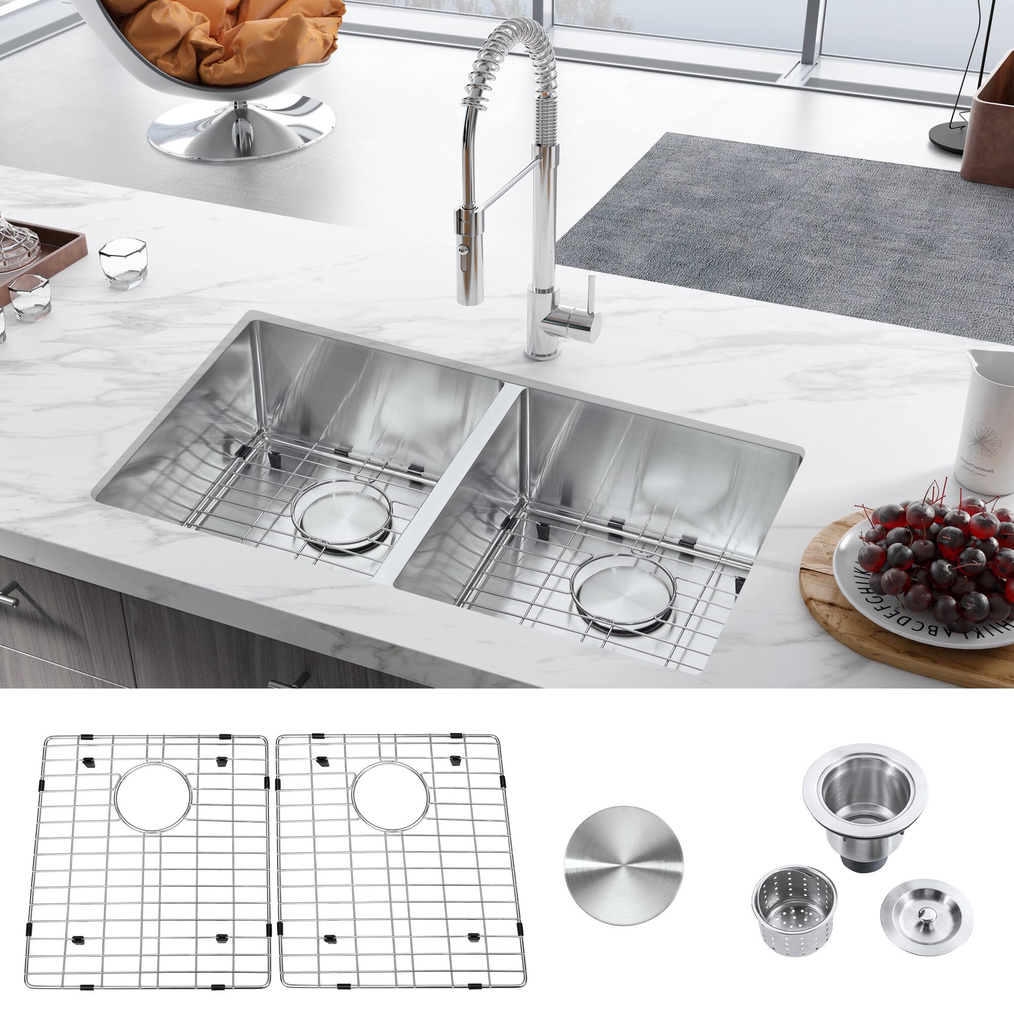 Angle. Akicon - Akicon 32 in.Undermount Double Bowl 18-Gauge Brushed Stainless Steel Kitchen Sink with Bottom Grid and Basket Strainer - Silver.