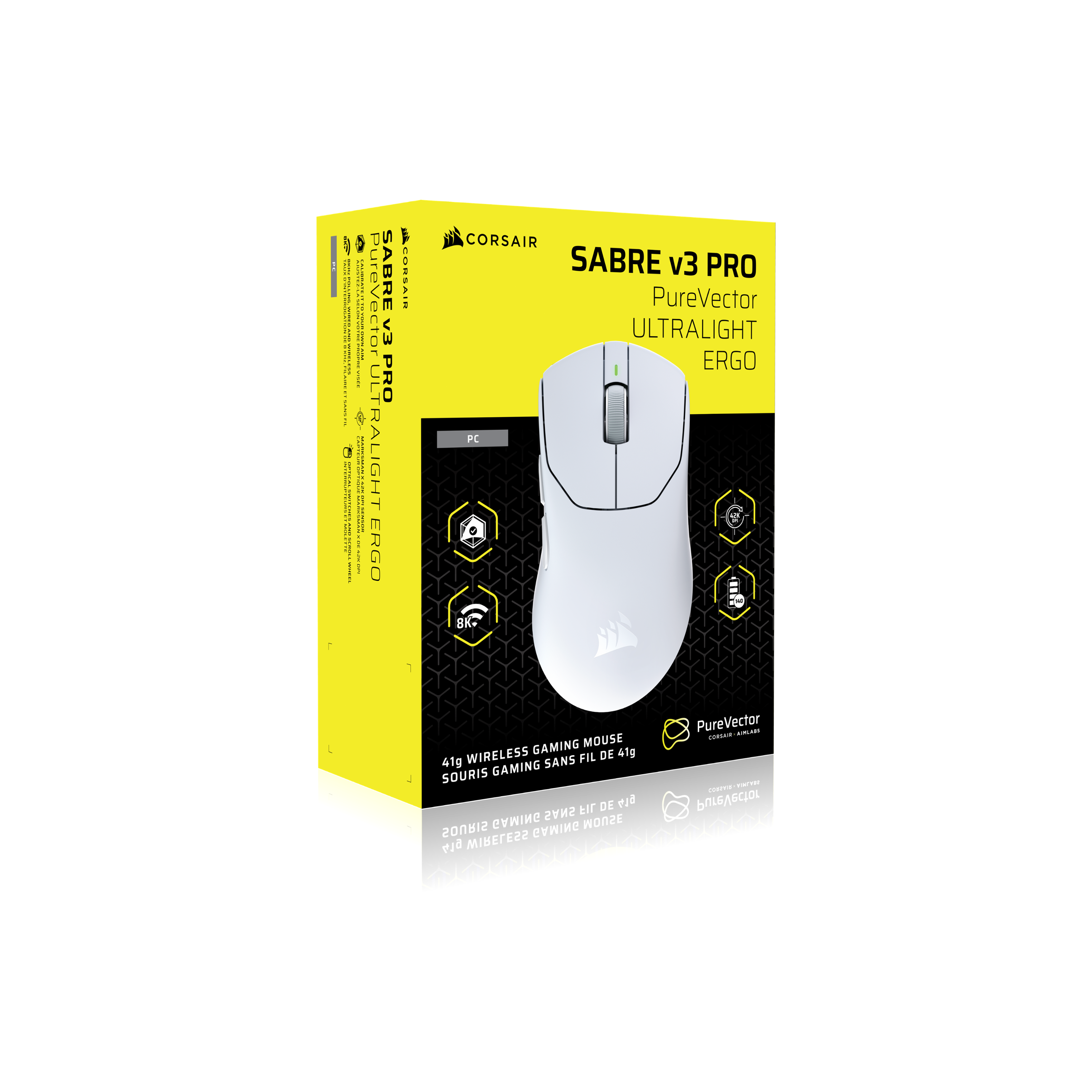 SABRE v3 PRO  
PureVector ULTRALIGHT ERGO  

CORSAIR  
CORSAIR SABRE v3 PRO PureVector ULTRALIGHT ERGO PC 42K DPI 140 8K  

41g WIRELESS GAMING MOUSE  
SOURIS GAMING SANS FIL DE 41g  

PureVector  
CORSAIR - AIMLABS