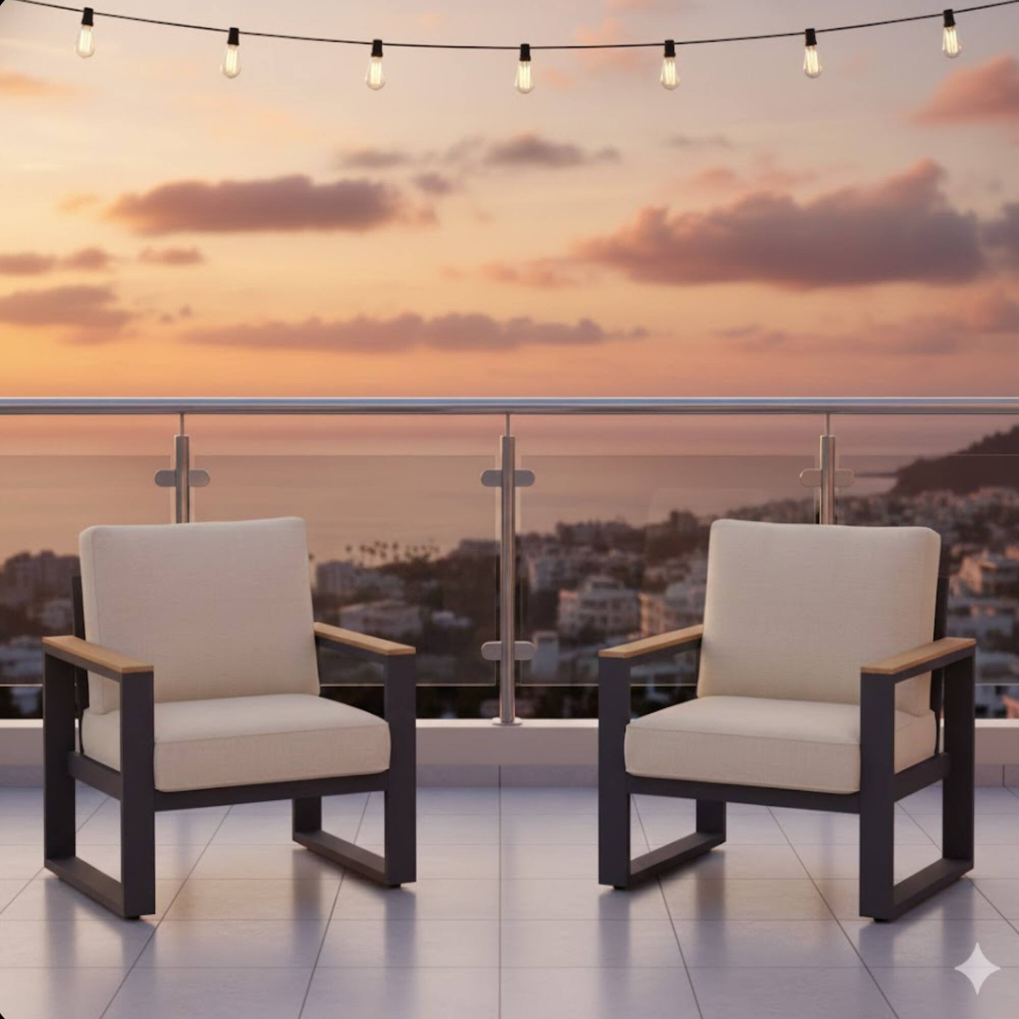 Left. Mondawe - Set of 2 26.6" Aluminum Patio Armchairs with Cushions - Beige+Black.