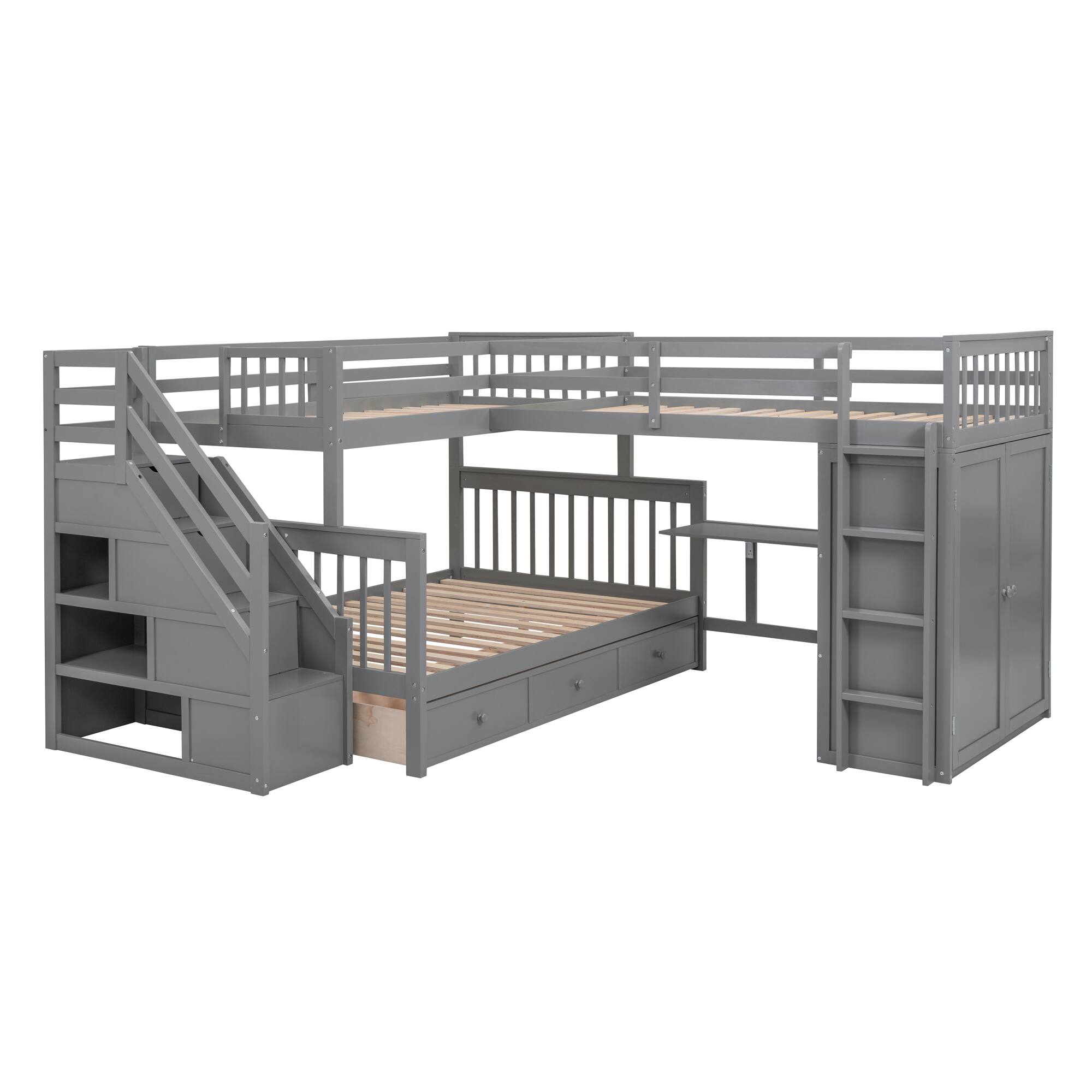 Back. Tiramisubest - Twin-Twin Full L-Shaped Bunk Bed with 3 Drawers, Desk & Wardrobe, Gray - Gray.