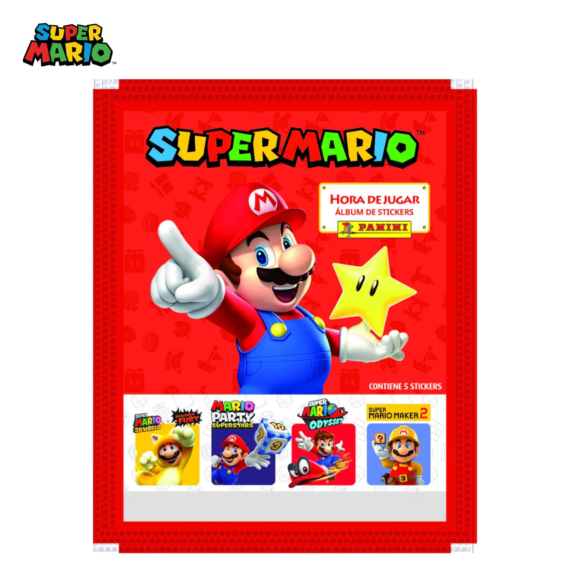 SUPER MARIO - TM  
SUPERMARIO M  
HORA DE JUGAR  
ALBUM DE STICKERS PANINI  
CONTIENE 5 STICKERS  
MARO SUPER MARI A  
FREE BO PARTY  
MARIO FURY  
ODYSSIT  
SUPERSTARS  
10 COWBELD  
SUPER MARIO MAKER 2  
3