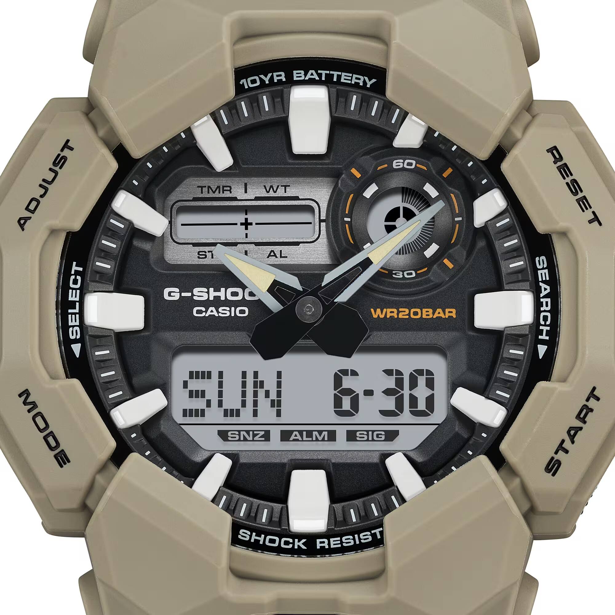ADJUST SELECT MODE 10YR BATTERY 60 TMR I WT + ST AL 30 G-SHOCK CASIO WR20BAR SUN 6-30 SNZ ALM SIG - SHOCK RESIST - RESET SEARCH START
