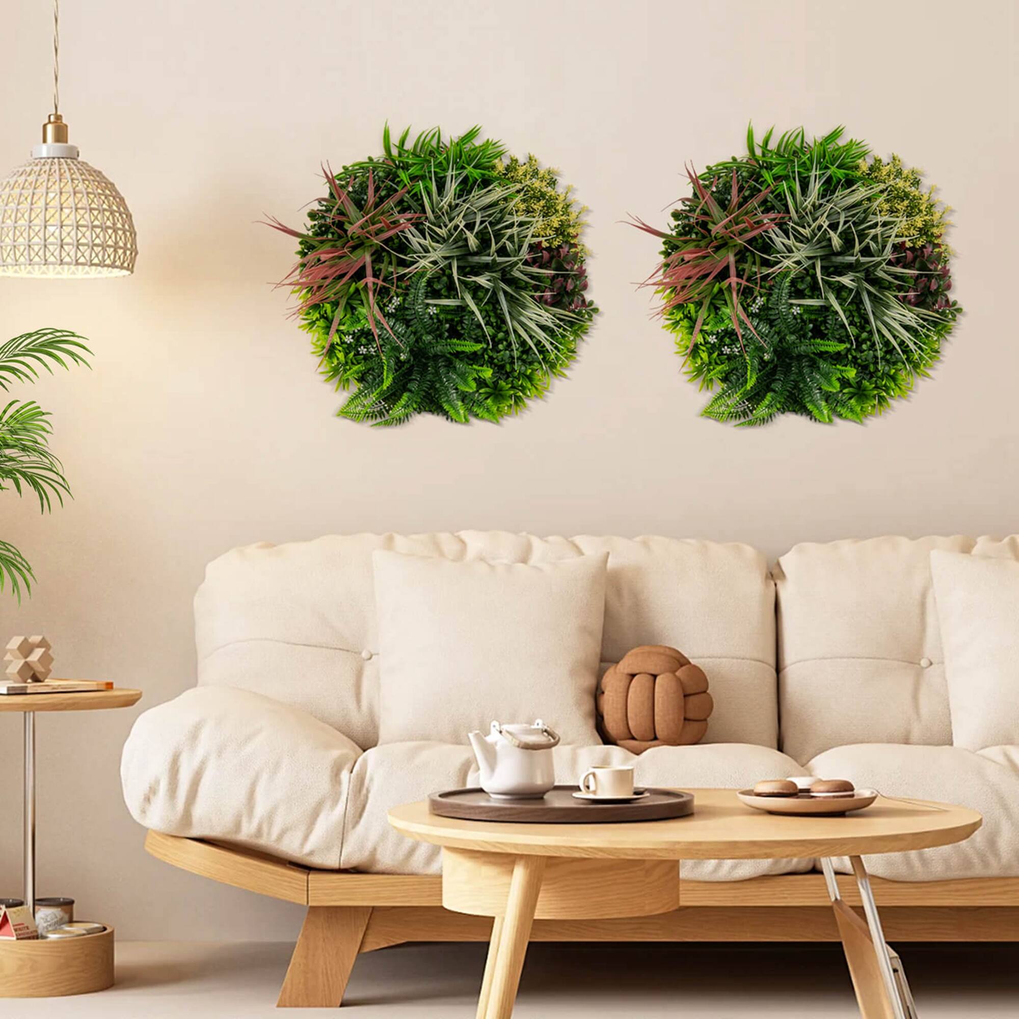 Alt View 4. Costway - Costway 2 Pack Round Framed Artificial Foliage Wall Art with 9 Types of Mixed Faux Plants - Green & Brown.