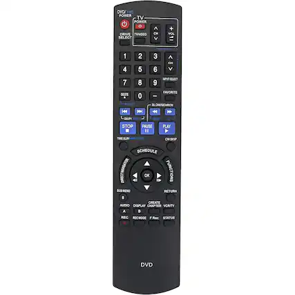 Sure, here is the corrected and grouped text from the image:
**Top Section:**
- DVD/VHS POWER
- TV POWER
- DRIVE SELECT
- TV/VIDEO SELECT
- CH
- VOL
- TRACKING/V-LOCK
- INPUT SELECT
- FAVORITE
- DELETE
- RESET
- SCHEDULE
- DIRECT NAVIGATOR
- FUNCTIONS
- RETURN
- SUB MENU
- AUDIO DISPLAY
- REC
- REC MODE
- F Rec
- STATUS
- DVD
**Number Pad:**
- 1 2 3
- 4 5 6
- 7 8 9
- 0
**Playback Controls:**
- STOP
- PAUSE
- PLAY
- FF
- REW
- SLOW/SEARCH
- CM SKIP
- SKIP/INDEX
- TIME SKIP/4X REW
**Additional Controls:**
- CREATE CHAPTER
- VCR/TV
- DIRECT NAVIGATOR
- OK
**Bottom Section:**
- AUDIO A B
- DISPLAY
- REC
- REC MODE
- F Rec
- STATUS