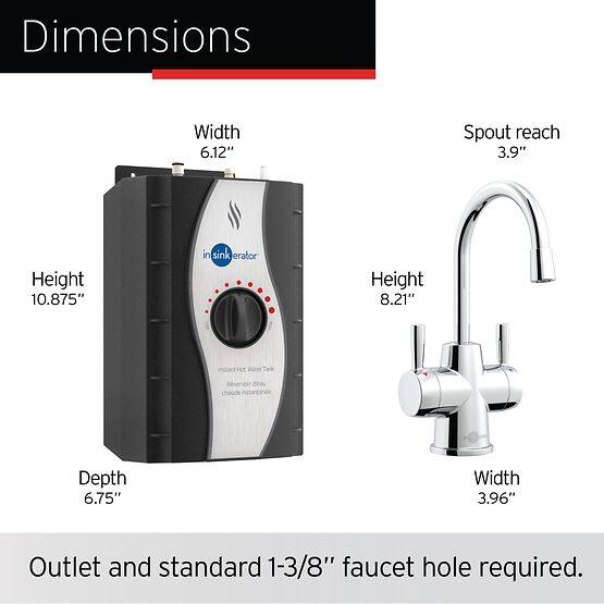 Dimensions:  
- Width: 6.12"  
- Spout reach: 3.9"  
- Height: 10.875"  
- Depth: 6.75"  
- Width: 3.96"  

Outlet and standard 1-3/8" faucet hole required.