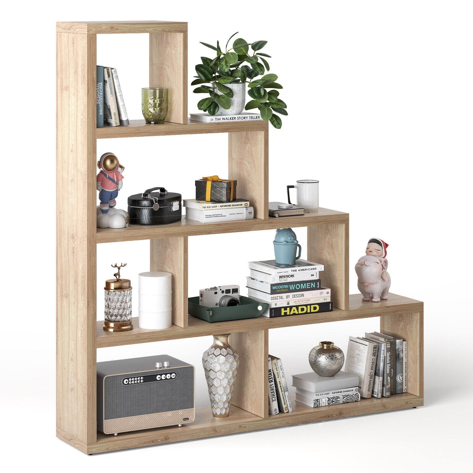 Ecooso - 4-Tier Designable Open Stair Shelving Bookcase with 6 Cubes Display Rack - Natural