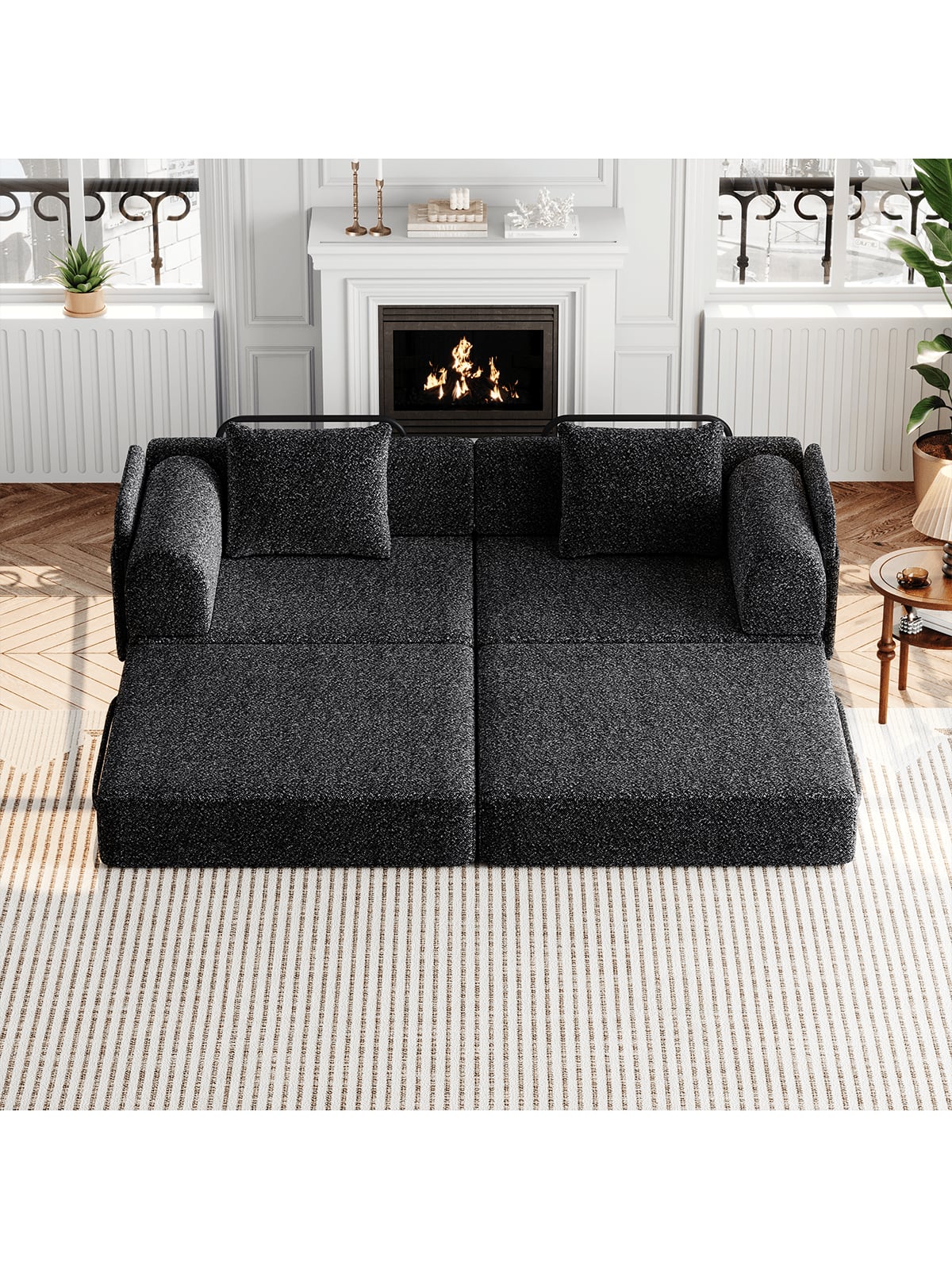 Trinkets Crazed - Convertible Sofa Bed, 72.4" Loveseat Sofa With Storage Pockets Modular Sleeper Couch Chenille Folding Floor Couch - Black