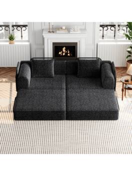 Trinkets Crazed - Convertible Sofa Bed, 72.4" Loveseat Sofa With Storage Pockets Modular Sleeper Couch Chenille Folding Floor Couch - Black