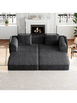 Front. Trinkets Crazed - Convertible Sofa Bed, 72.4" Loveseat Sofa With Storage Pockets Modular Sleeper Couch Chenille Folding Floor Couch - Black.