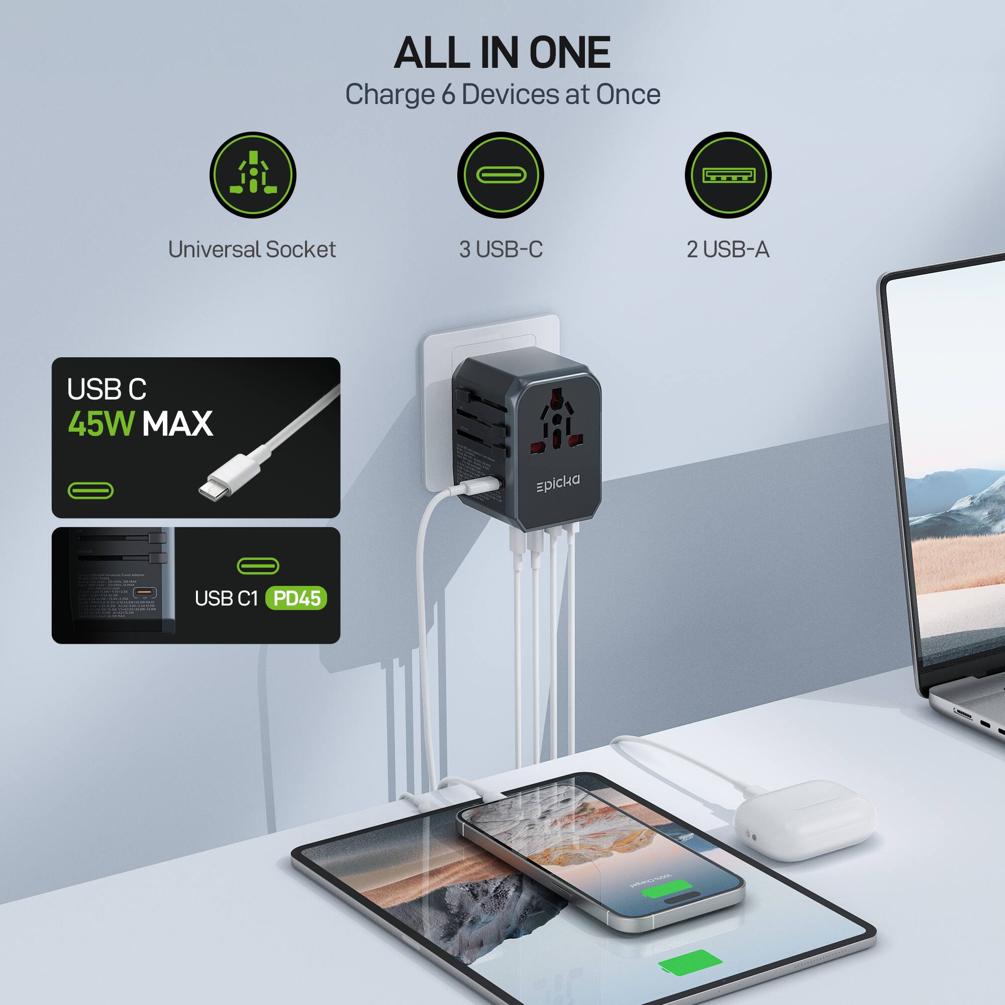 ALL IN ONE  
Charge 6 Devices at Once  

- Universal Socket  
- 3 USB-C  
- 2 USB-A  

USB C  
45W MAX  

USB C1 PD45