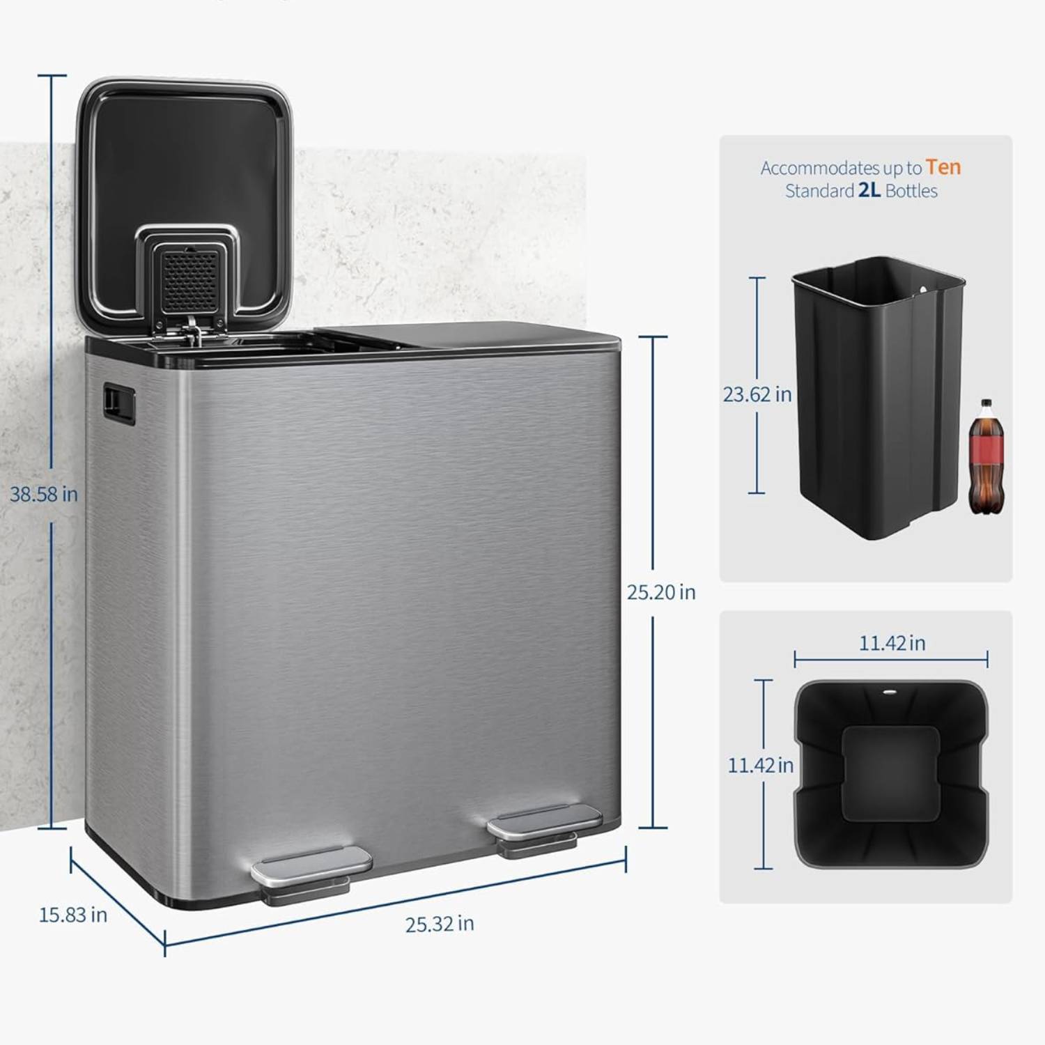 Accommodates up to Ten Standard 2L Bottles

- 38.58 in
- 25.20 in
- 15.83 in
- 25.32 in
- 23.62 in
- 11.42 in
- 11.42 in