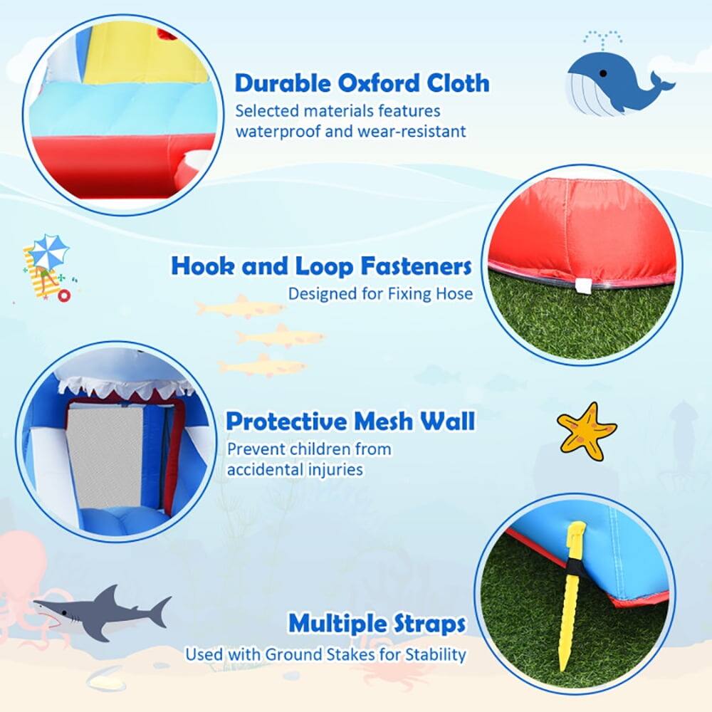 Durable Oxford Cloth  
Selected materials features waterproof and wear-resistant  

Hook and Loop Fasteners  
Designed for Fixing Hose  

Protective Mesh Wall  
Prevent children from accidental injuries  

Multiple Straps  
Used with Ground Stakes for Stability