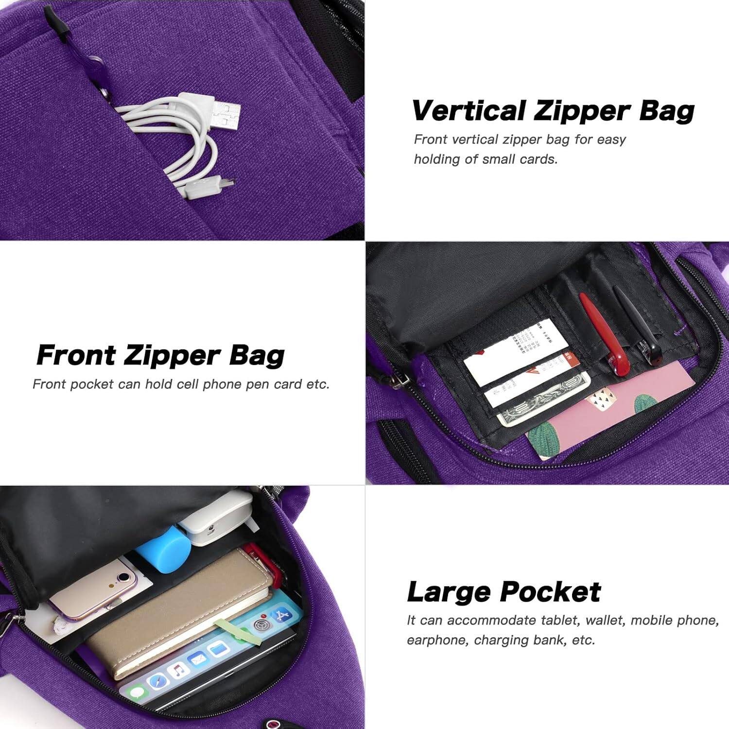 Vertical Zipper Bag  
Front vertical zipper bag for easy holding of small cards.

Front Zipper Bag  
Front pocket can hold cell phone, pen, card, etc.

Large Pocket  
It can accommodate tablet, wallet, mobile phone, earphone, charging bank, etc.