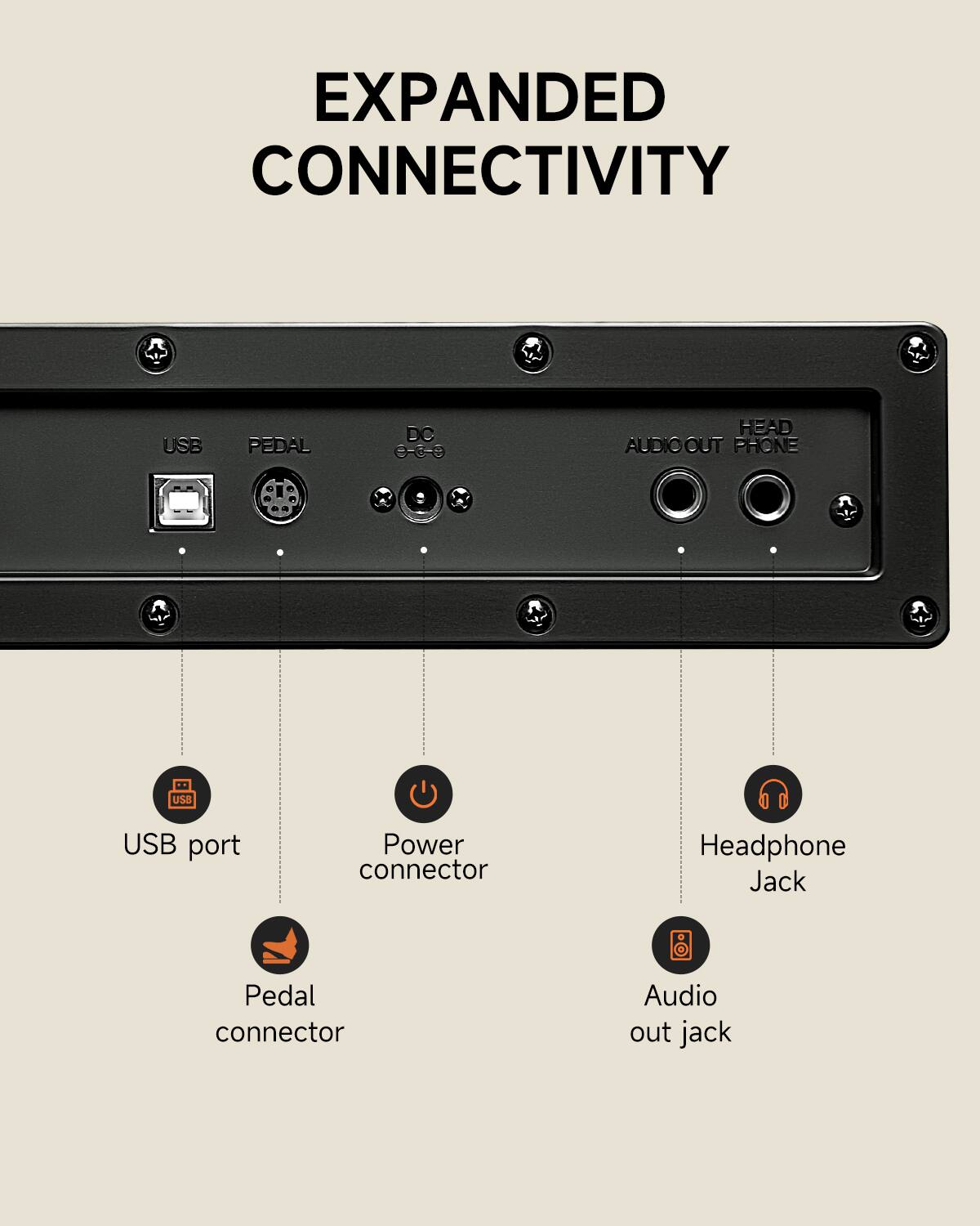 EXPANDED CONNECTIVITY

- USB port
- Pedal connector
- Power connector
- Headphone Jack
- Audio out jack