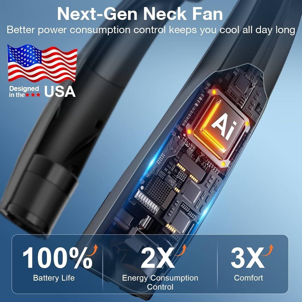 Next-Gen Neck Fan  
Better power consumption control keeps you cool all day long  
Designed in the USA  
100% Battery Life  
2X Energy Consumption Control  
3X Comfort