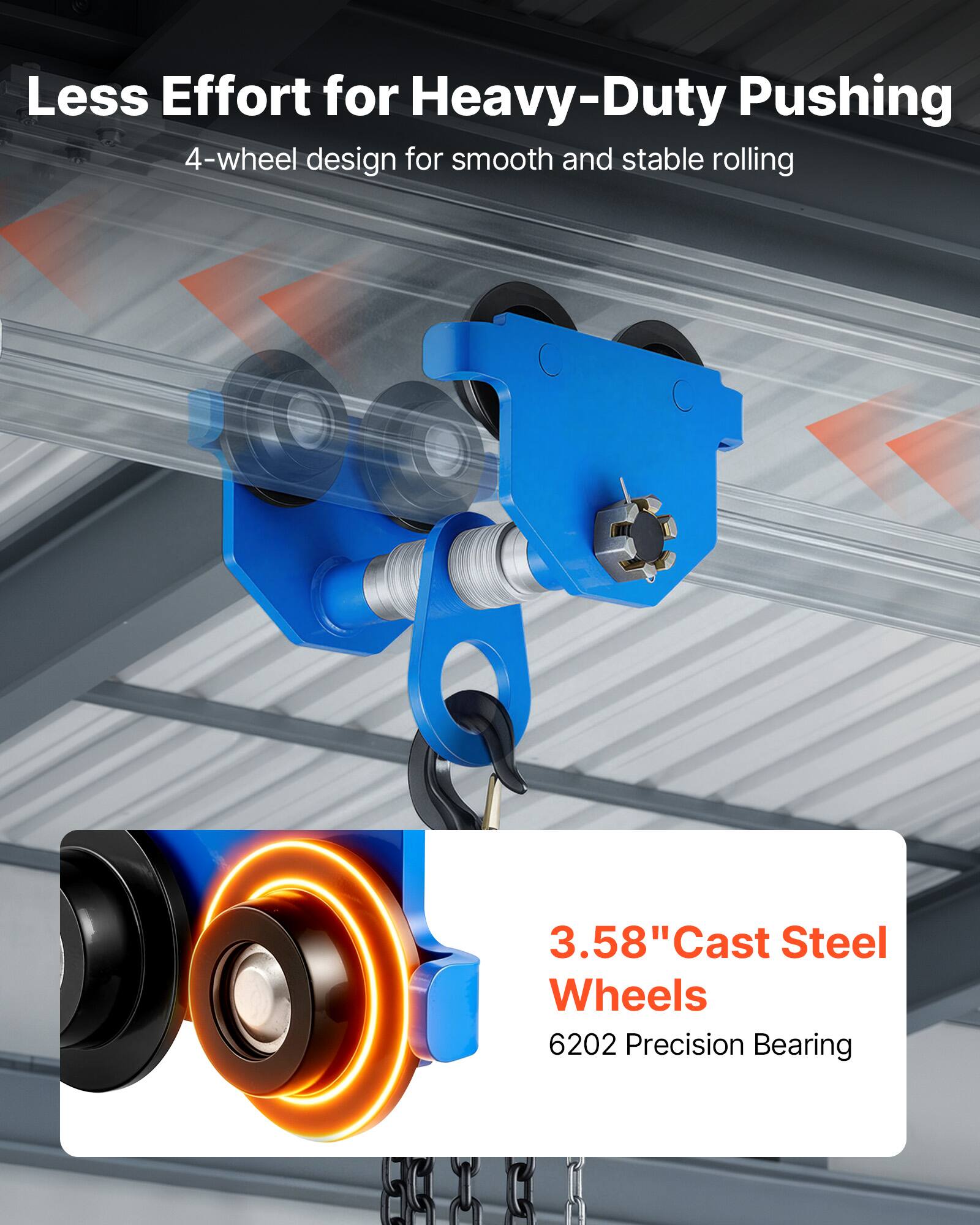 Less Effort for Heavy-Duty Pushing  
4-wheel design for smooth and stable rolling  
3.58" Cast Steel Wheels  
6202 Precision Bearing