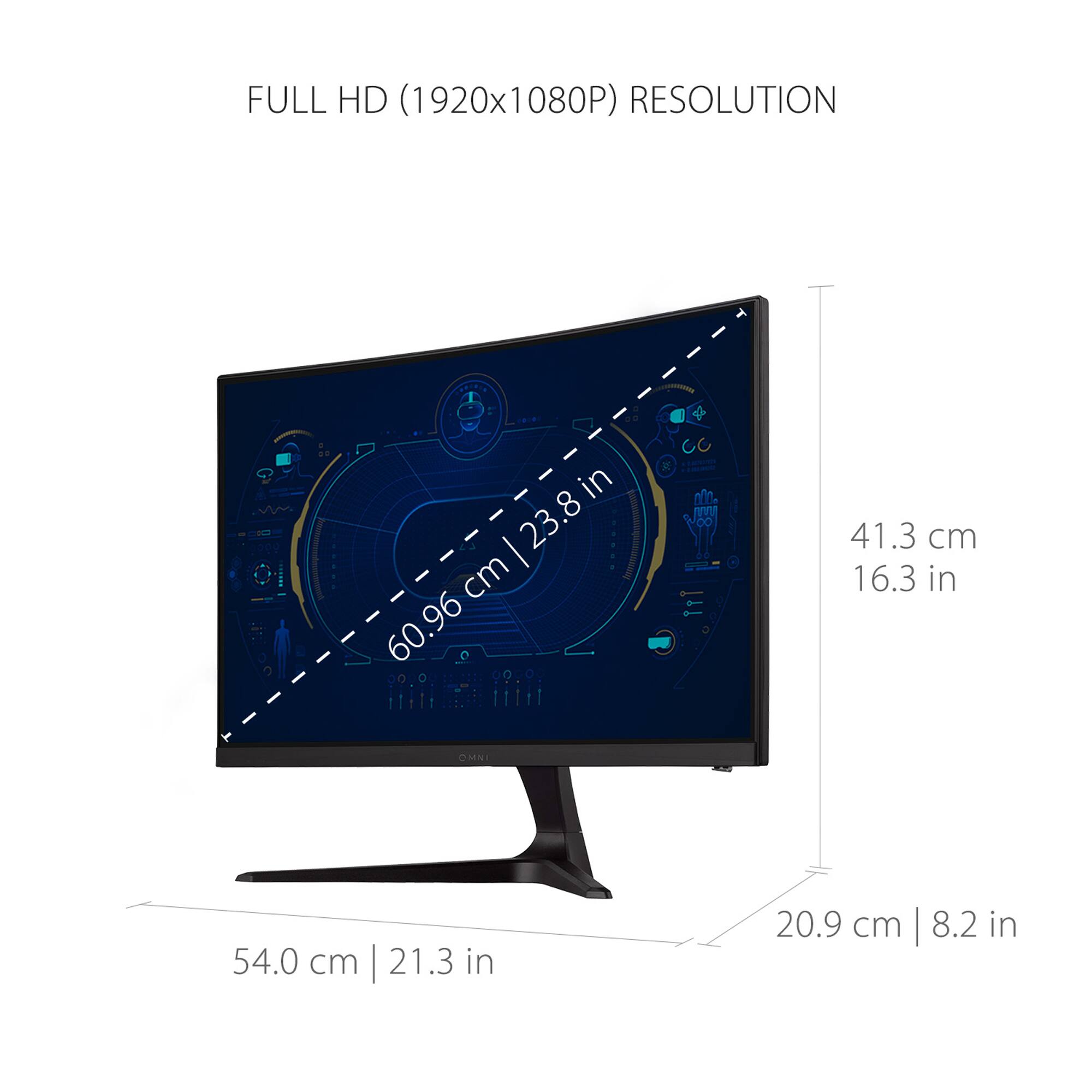 FULL HD (1920x1080P) RESOLUTION in | 23.8 cm 60.96 in | 21.3 in 8.2 in OMNI 54.0 cm | 21.3 in 20.9 cm | 8.2 in