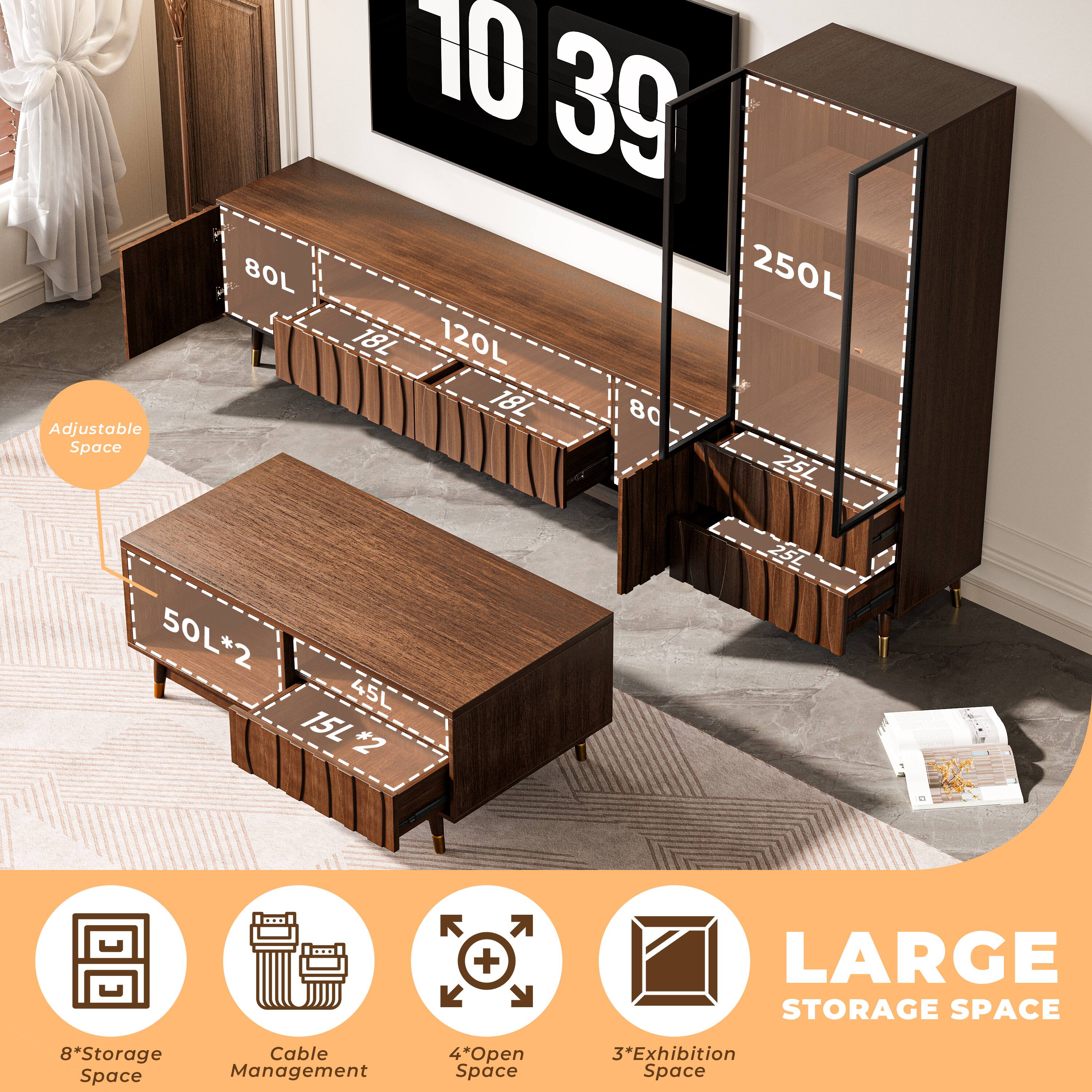 Adjustable Space  
8OL 10 39 250L 18L 120L 18L 80 25L 50L*2 45L 15L*2 25L  

LARGE STORAGE SPACE  
8*Storage Cable Space Management 4Open Space 3*Exhibition Space